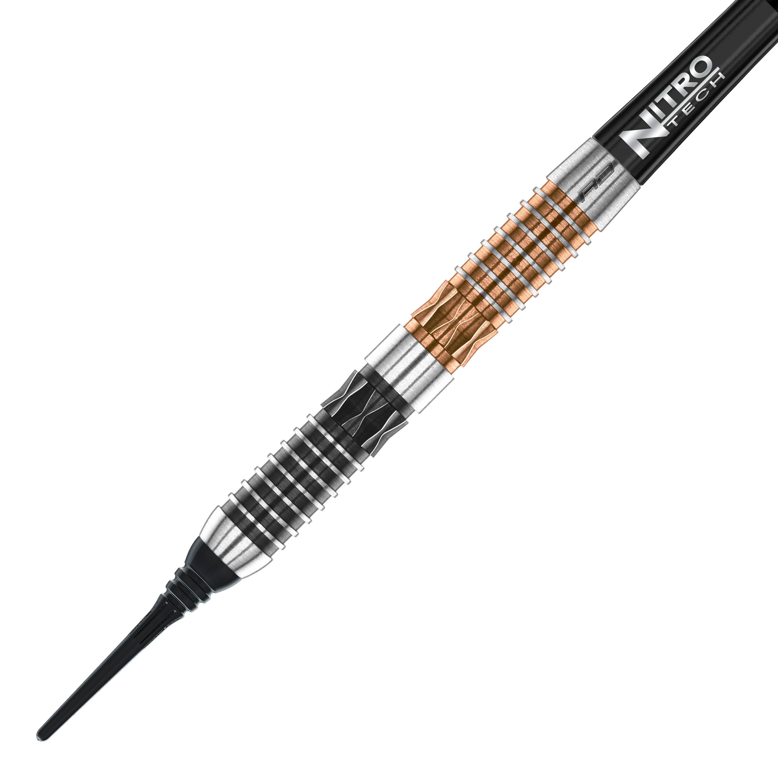 Fléchettes souples Red Dragon Panterra - 20 g Das Bild zeigt einen Red Dragon Panterra Softdart mit einem Gewicht von 20g. Der Dartpfeil hat ein auffälliges Design mit schwarzen, silbernen und bronzefarbenen Elementen.