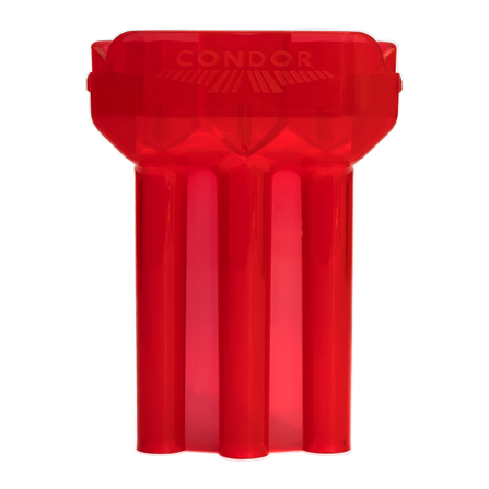 Das Bild zeigt ein rotes, durchsichtiges Dart-Etui der Marke Condor. Das Etui hat drei längliche Fächer für Dartpfeile.