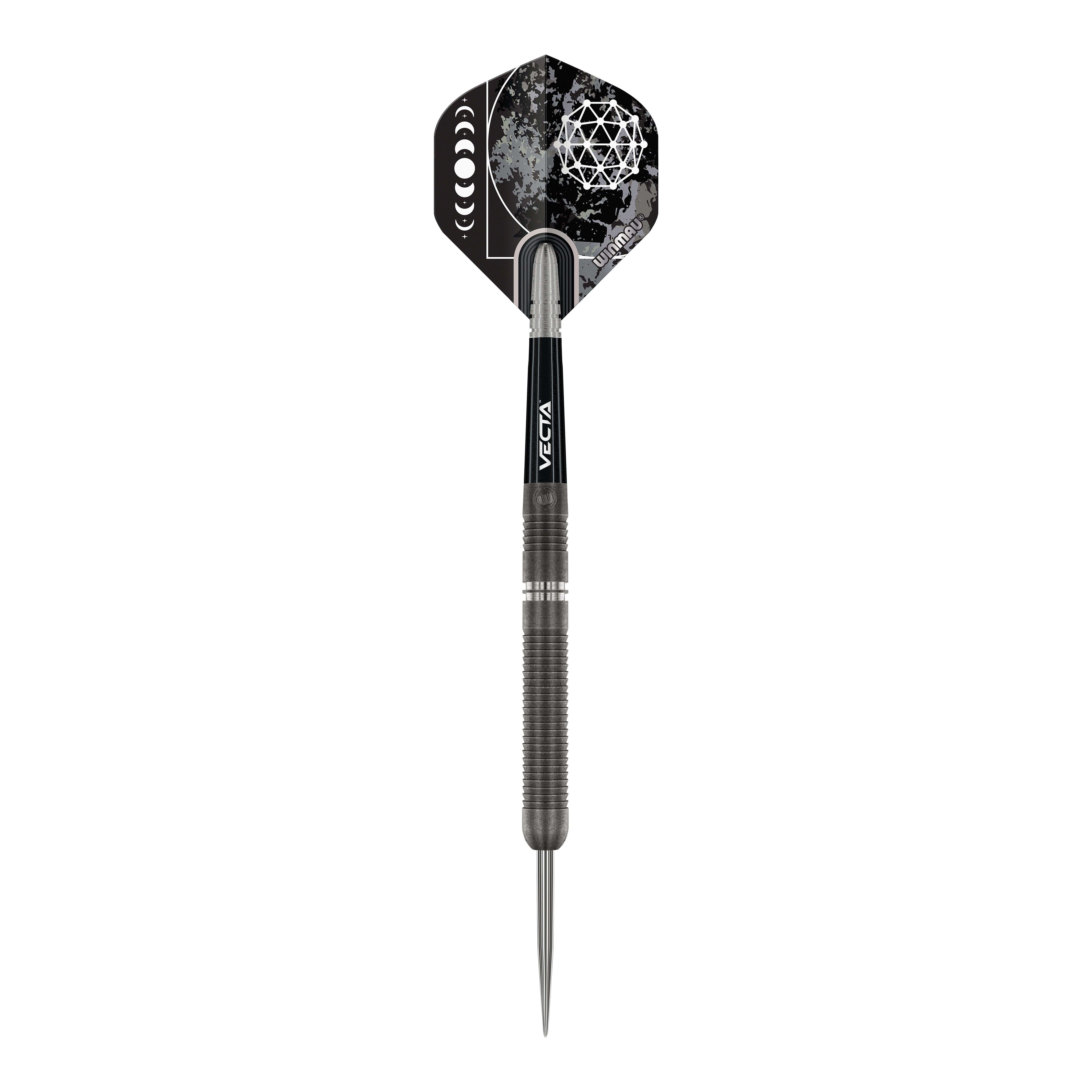 Fléchettes en acier Winmau Callisto 01 Das Bild zeigt einen Winmau Callisto 01 Steeldart. Der Dartpfeil hat ein modernes Design mit schwarzen und silbernen Elementen sowie auffälligen Grafiken auf dem Flight.
