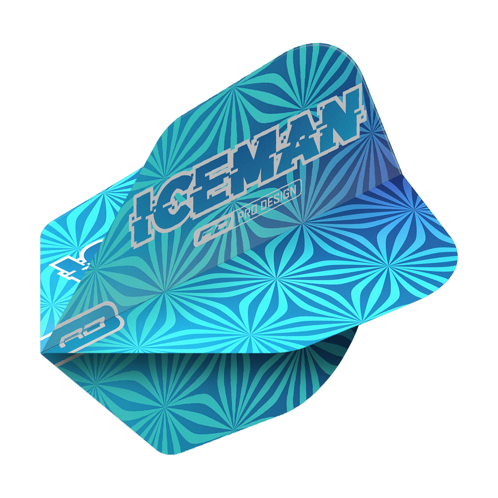 Red Dragon Gerwyn Price Iceman Blue No6 Vols Das Bild zeigt ein blaues Dart-Flight mit geometrischem Muster und der Aufschrift "ICEMAN". Es handelt sich um das Produkt "Red Dragon Gerwyn Price Iceman Blue No6 Flights".