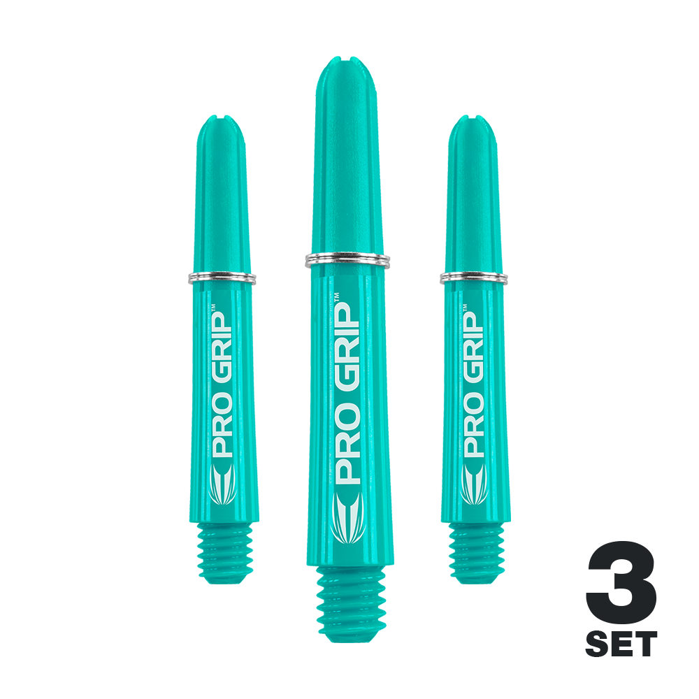 Tiges Target Pro Grip - 3 jeux - Aqua Auf dem Bild sind drei aqua-blaue Pro Grip Shafts für Darts zu sehen. In der rechten unteren Ecke steht "3 SET".
