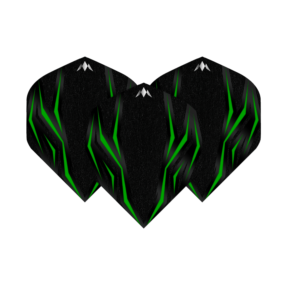 Vols standard Mission Lava Green n°2 Das Bild zeigt die Mission Lava Green No2 Standard Flights. Die Flights sind schwarz mit grünen, leuchtenden Linien und einem kleinen weißen Logo oben.