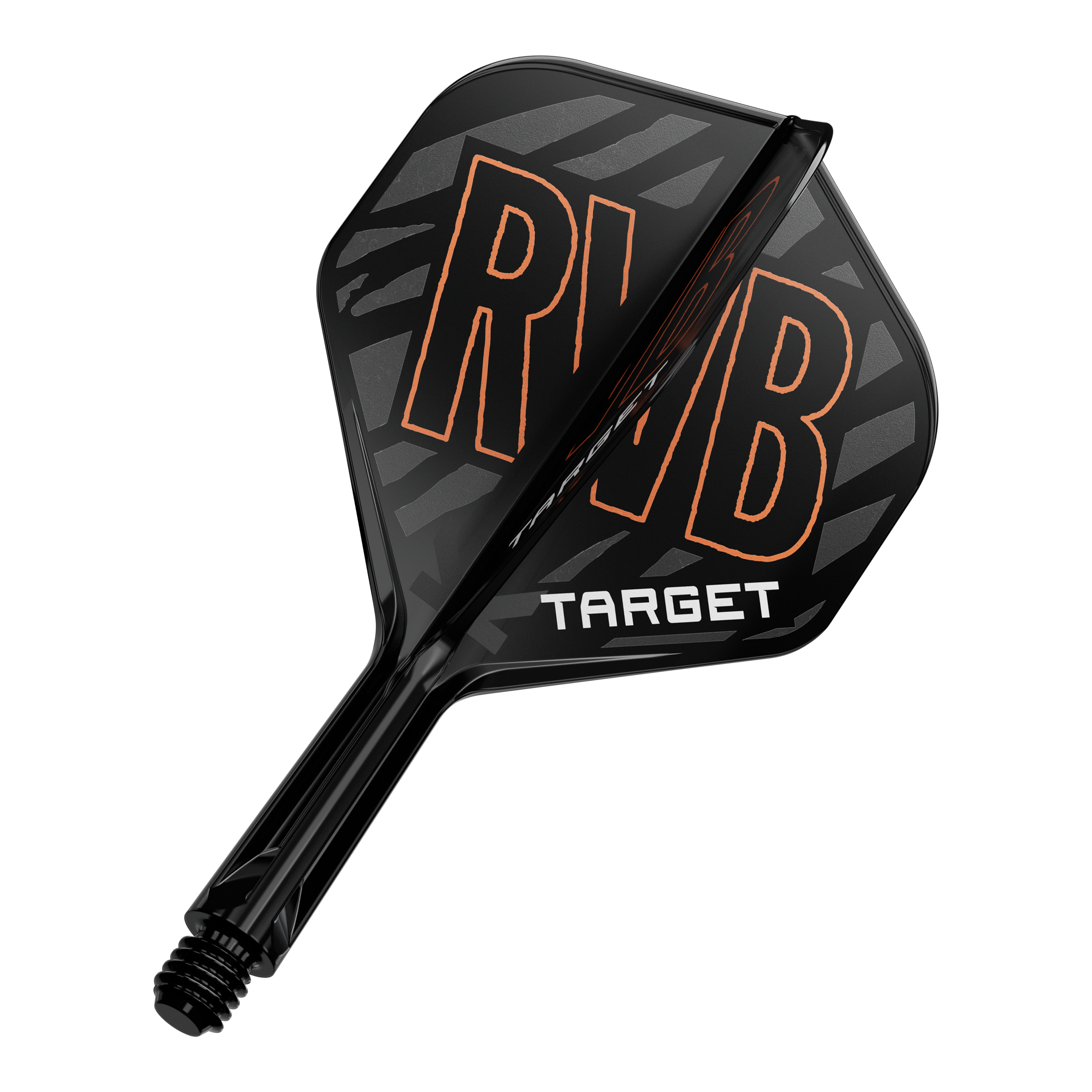 Système d'arbre de vol standard Target K-Flex Raymond Van Barneveld No2 Das Bild zeigt einen schwarzen Dartflight mit der Aufschrift "RVB" in orange. Darunter steht das Wort "TARGET" in weißen Buchstaben.