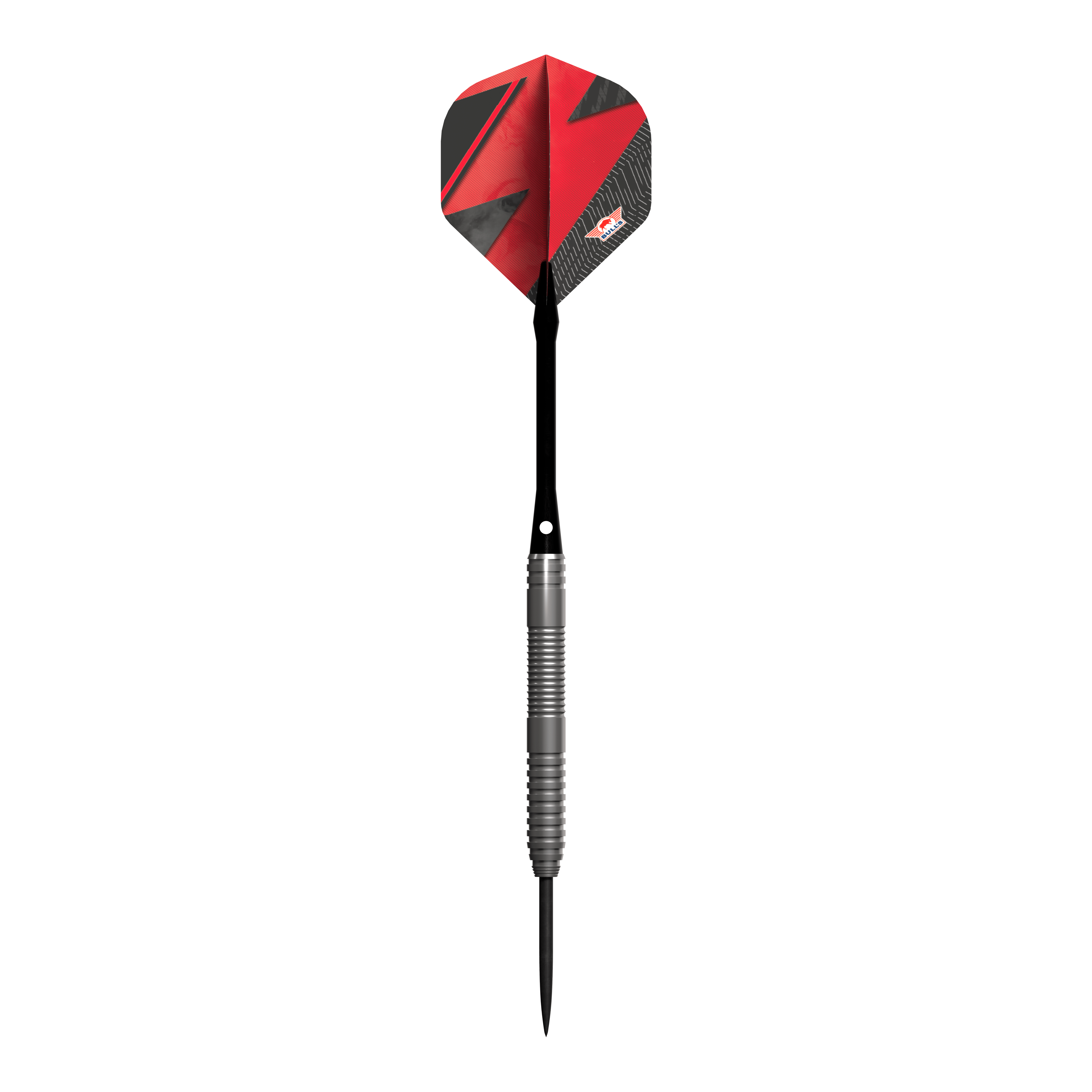 Fléchettes en acier rouge Bulls NL Lightning Das Bild zeigt einen Steeldart-Pfeil mit einem silbernen Griff und einer roten Flights. Der Pfeil trägt das Design und Logo der Marke Bulls NL Lightning Red.