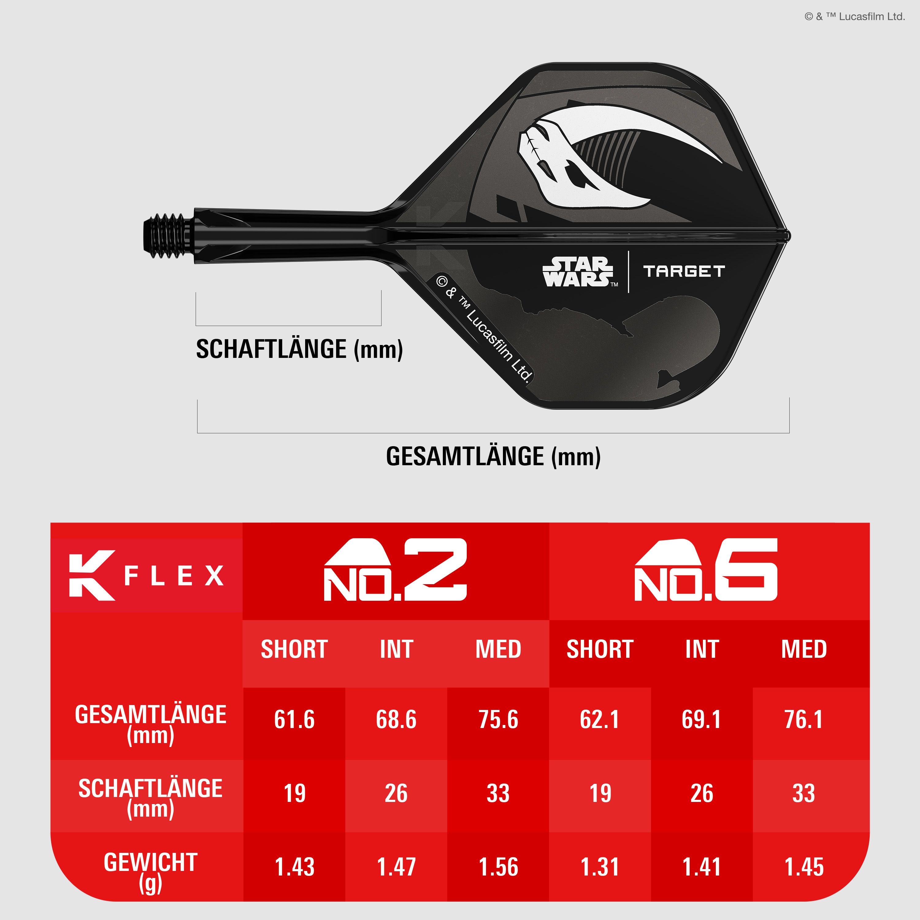 Abgebildet ist das Target Star Wars K-Flex-Set Mandalorian No2 Standard Flights. Die Flights zeigen ein Design im Stil von Mandalorian aus Star Wars.