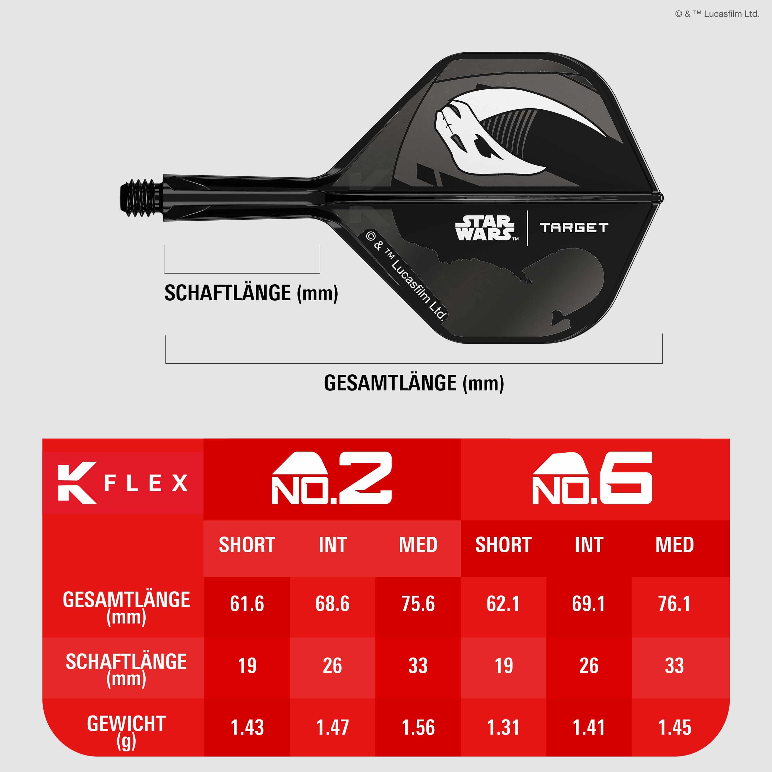 Coffret Target Star Wars K-Flex Mandalorian n°2 Vols standards Abgebildet ist das Target Star Wars K-Flex-Set Mandalorian No2 Standard Flights. Die Flights zeigen ein Design im Stil von Mandalorian aus Star Wars.