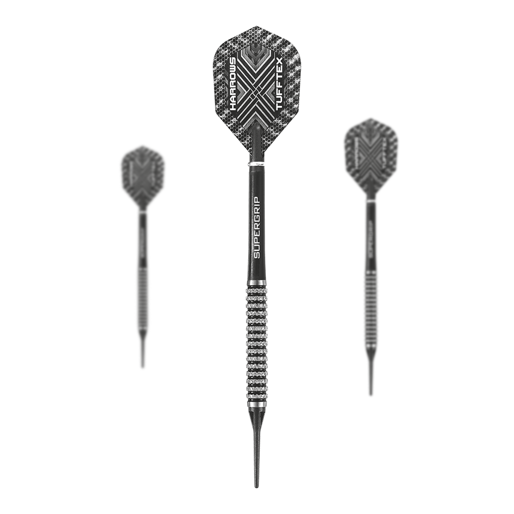 Fléchettes souples Harrows Nemesis Das Bild zeigt drei Harrows Nemesis Softdarts mit schwarzem und silbernem Design. Die Darts haben strukturierte Griffe und auffällige Flights mit dem Schriftzug "Harrows TUFFTEX".