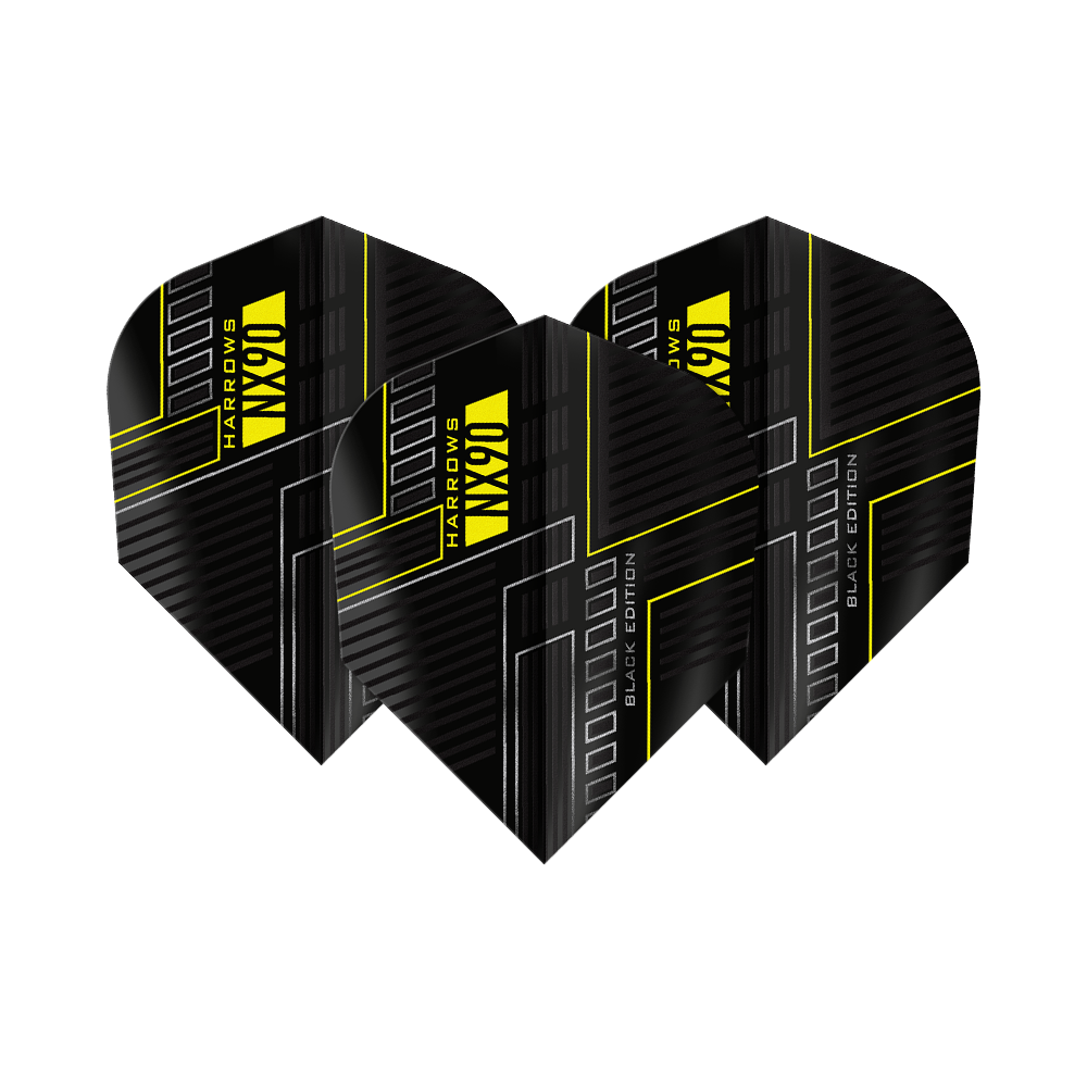 Vols Harrows NX90 Black Edition No6 Das Bild zeigt drei schwarze Dart-Flights mit dem Namen "Harrows NX90 Black-Edition No6". Die Flights haben ein modernes Design mit gelben Linien und Schriftzügen.