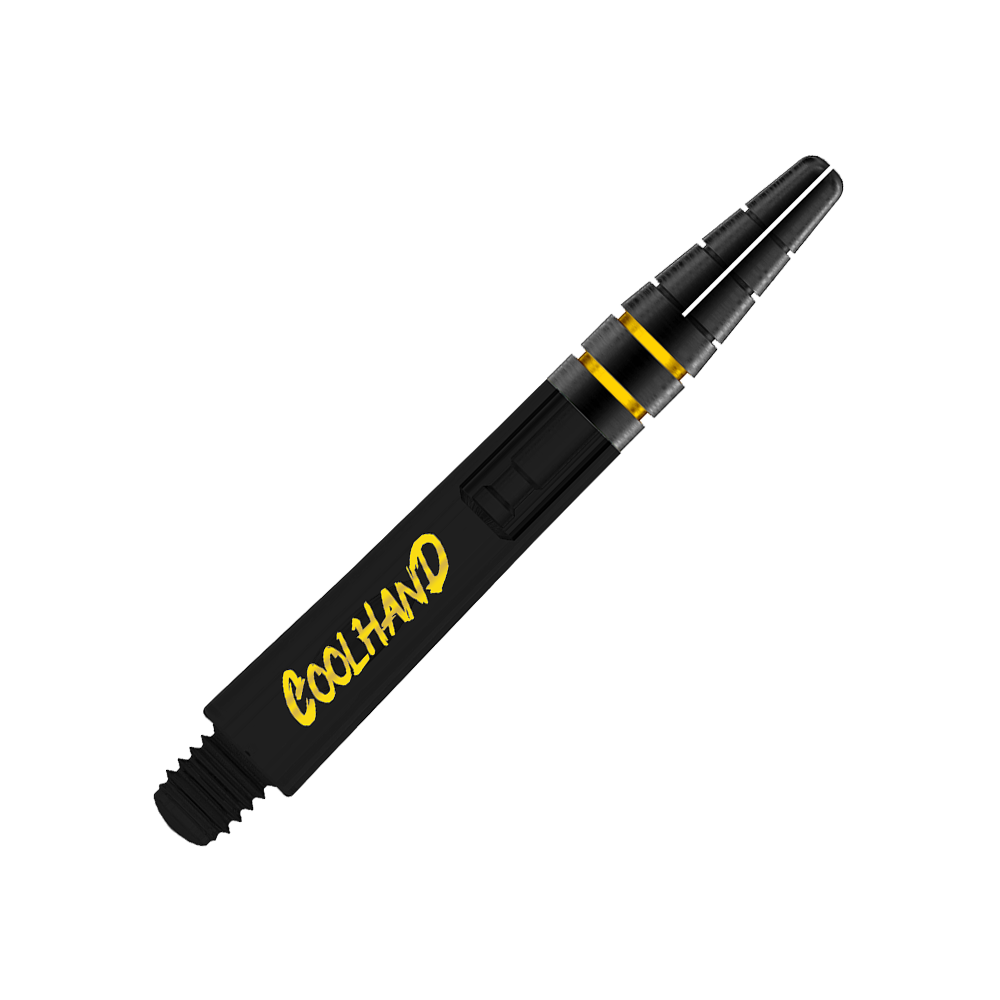 Tiges Red Dragon Nitrotech Luke Humphries Coolhand - Noires Das Bild zeigt einen schwarzen Dart-Schaft mit gelben Akzenten. Auf dem Schaft steht das Wort "COOLHAND" in gelber Schrift.