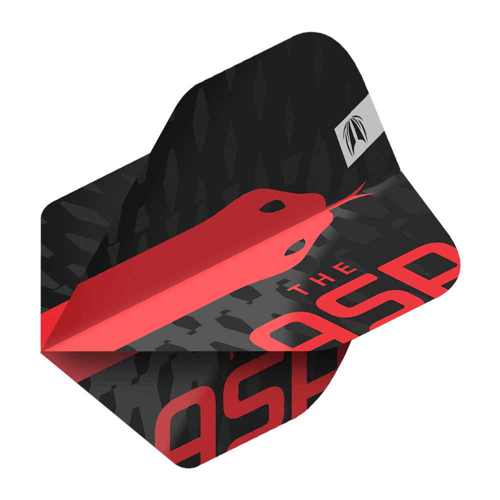 Ailettes Standard Target Pro Ultra Nathan Aspinall No2 - 3 jeux Das Bild zeigt ein Dart-Flight mit einem schwarzen und roten Design sowie der Aufschrift „THE ASP“. Auf dem Flight ist eine stilisierte rote Schlange abgebildet.