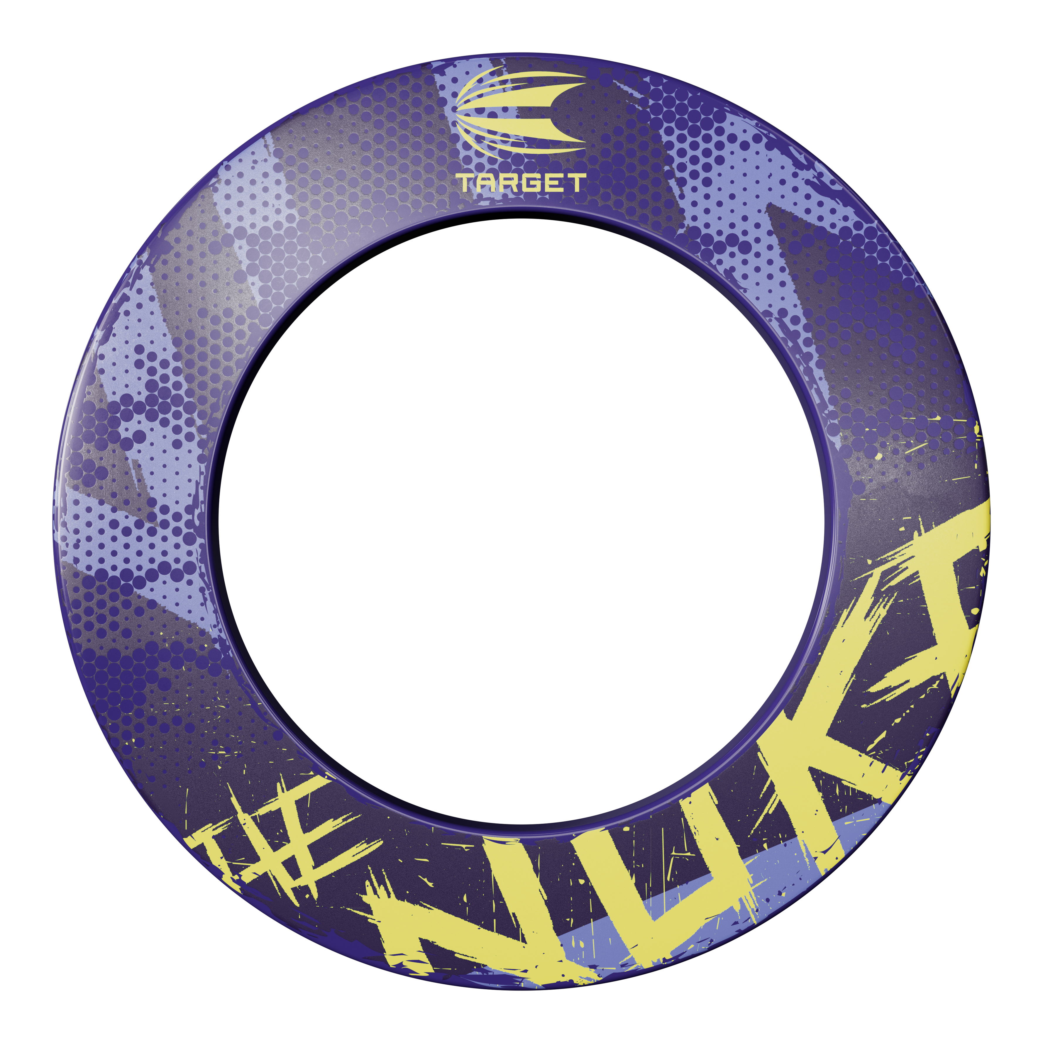 Target Luke Littler Le cercle de fléchettes Nuke Dieses Bild zeigt die Target Luke Littler The Nuke Dartboard Surround. Der Ring ist lila mit gelben und blauen Akzenten und trägt den Schriftzug "#NUKI" und das Target-Logo.