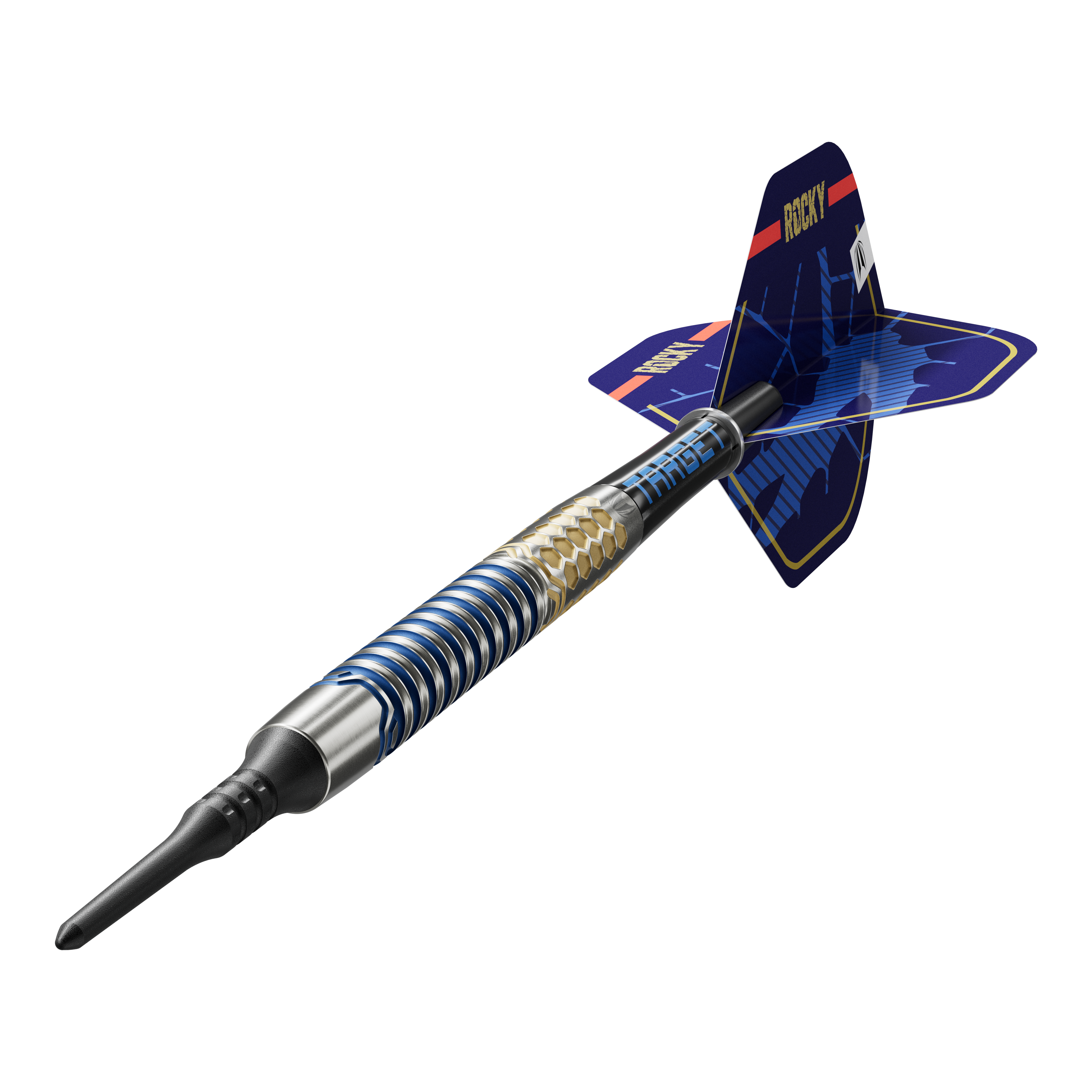 Fléchettes souples Target Josh Rock GEN1 - 20 g Das Bild zeigt einen Target Josh Rock GEN1 Softdart mit einem Gewicht von 20g. Der Dart hat ein modernes, blau-silbernes Design mit auffälligen Flügeln.