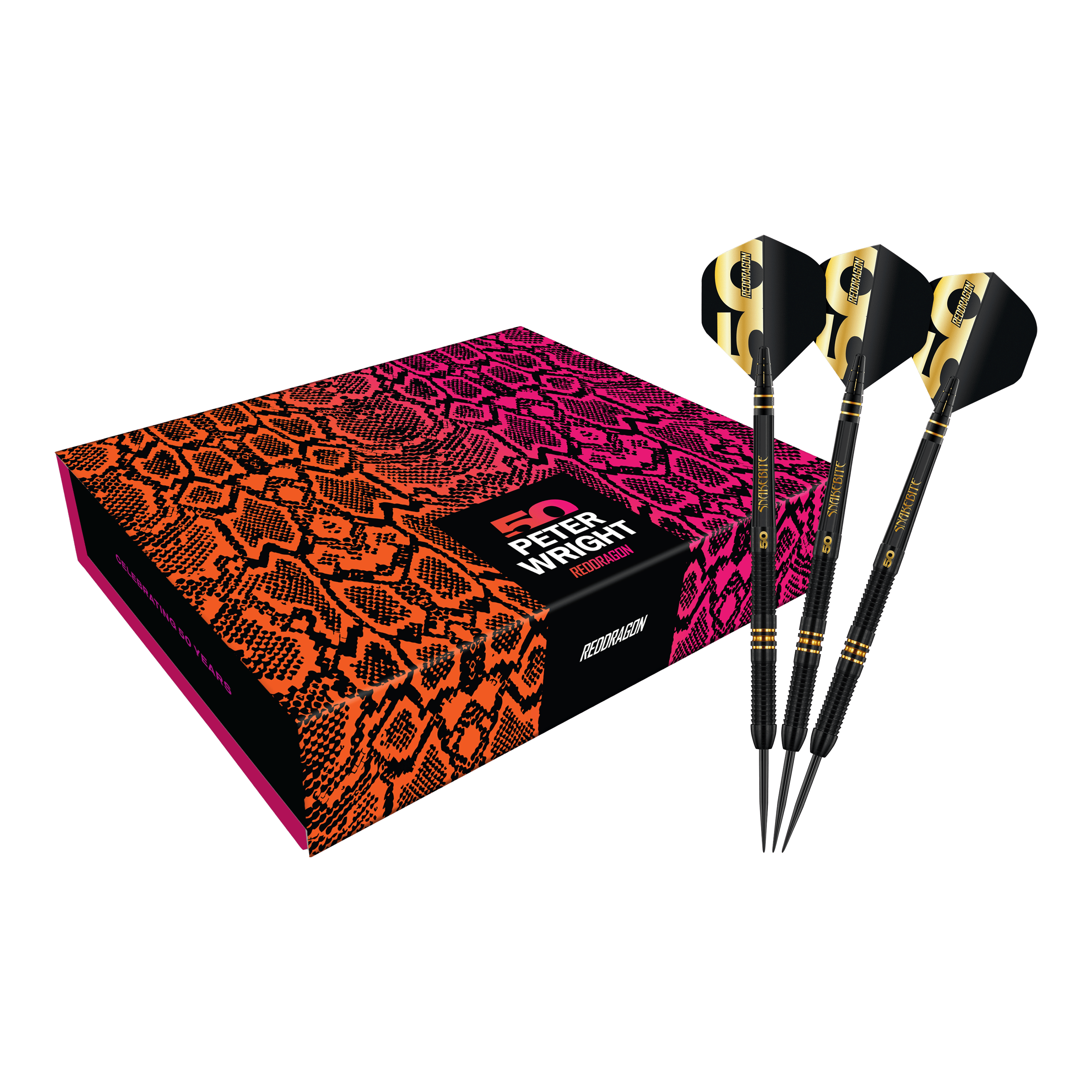 Fléchettes en acier Red Dragon Peter Wright, édition limitée 50 ans de carrière - 21 g Red Dragon Peter Wright 50 Years Player Limited Edition Steeldarts - 21g. Das Bild präsentiert den limitierten Steeldartpfeil als vollständiges Set.