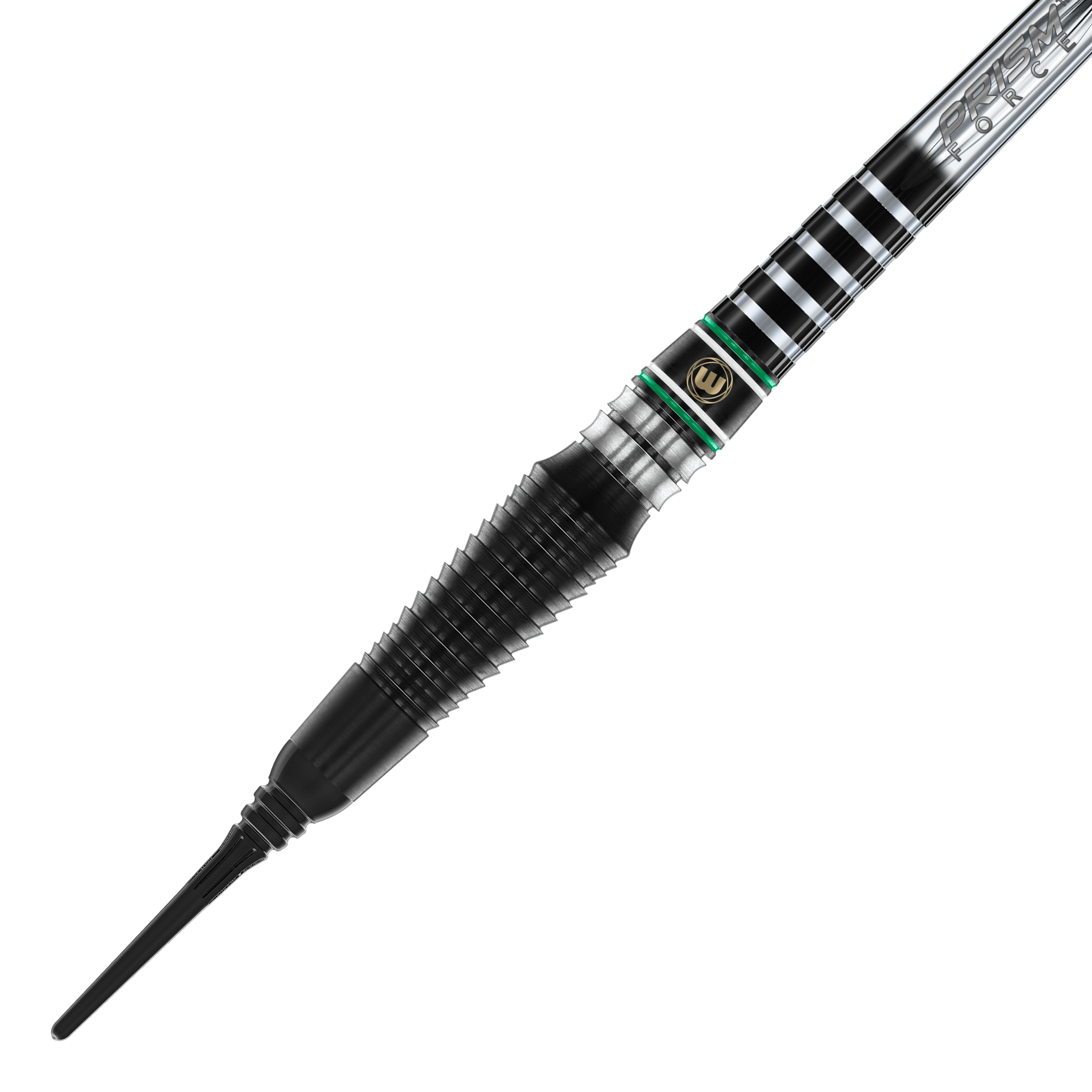 Fléchettes souples Winmau Sniper Black 2025 - 20 g Auf dem Bild ist ein Winmau Sniper Black 2025 Softdart mit einem Gewicht von 20g zu sehen. Der Dart hat ein modernes, schwarzes Design mit silbernen und grünen Akzenten.