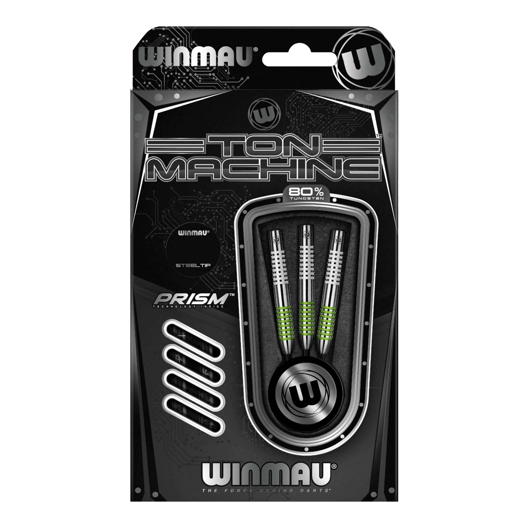Die Abbildung zeigt die Winmau Ton Machine Steeldarts. Es handelt sich um hochwertige Dartpfeile für Steeldartspiele.