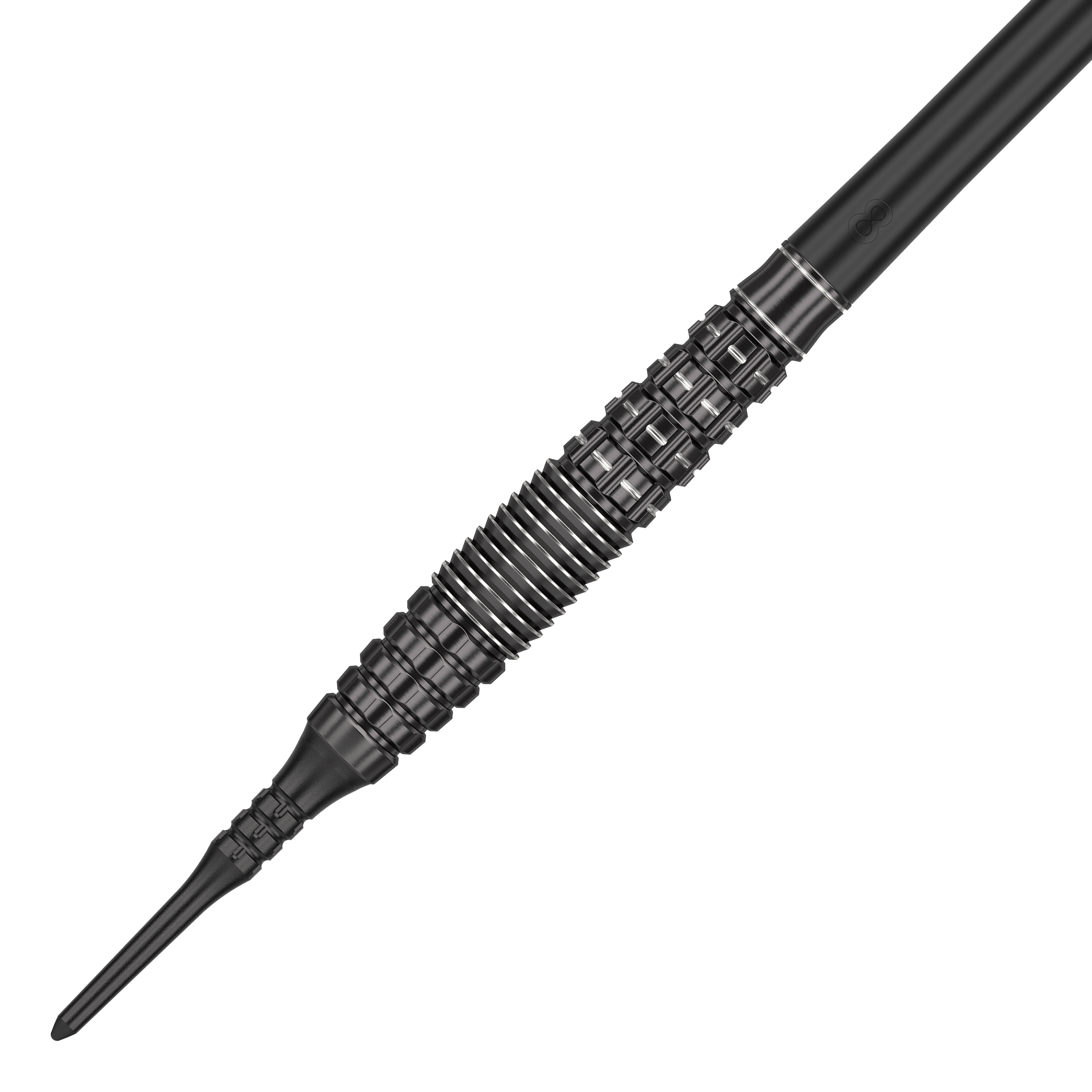 Fléchettes souples Target Japan Black Marque Phantom - 18 g Dies ist ein schwarzer Softdart namens "Target Japan Black Marque Phantom Softdarts - 18g". Der Dart hat ein auffälliges, geometrisch gemustertes Barrel-Design.