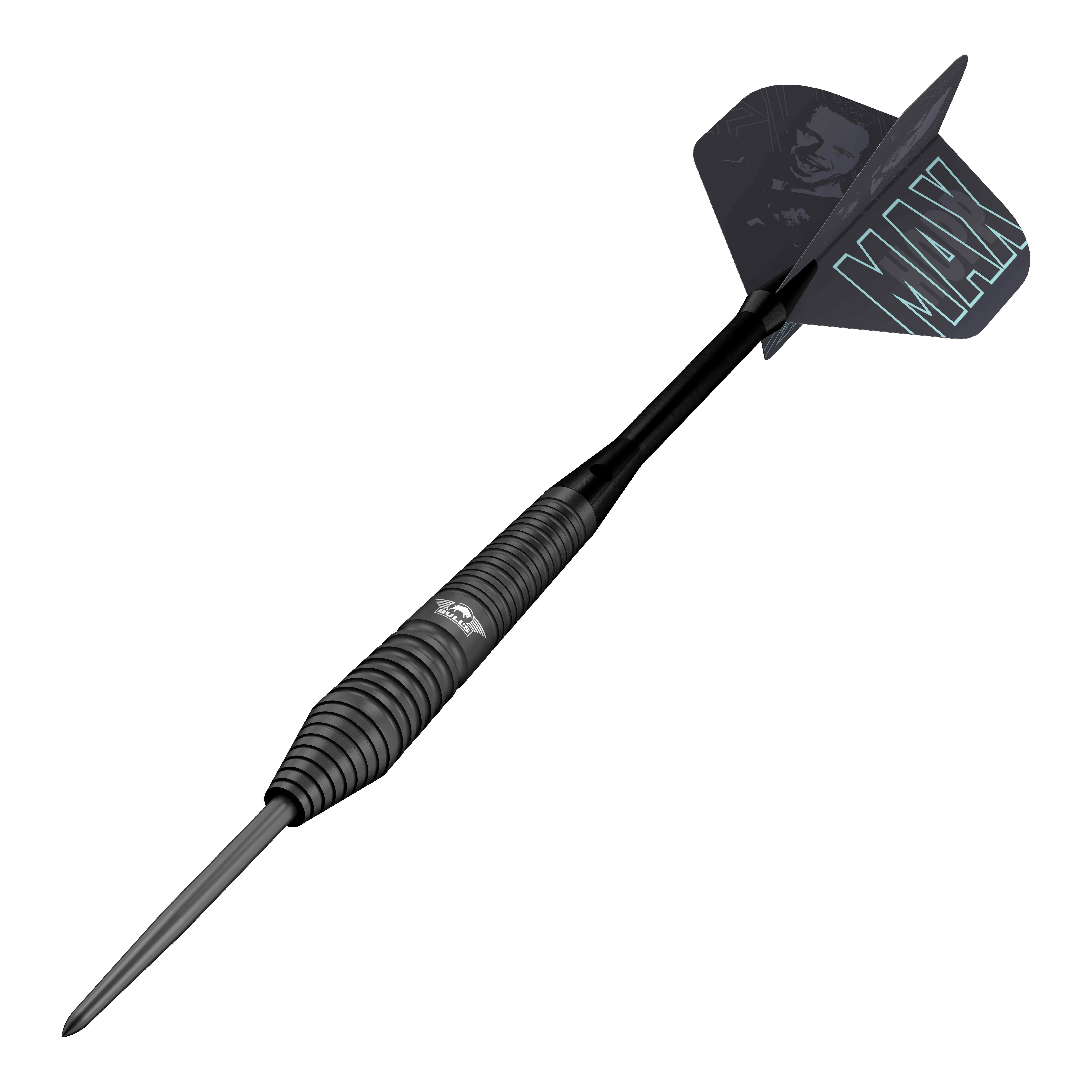 Auf diesem Bild sind die Bulls NL Max Hopp Black Steeldarts abgebildet. Diese Darts sind speziell für anspruchsvolle Spieler entwickelt.