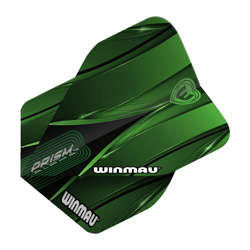 Vols standard verts Winmau Alpha Sniper Das Bild zeigt das Produkt "Winmau Alpha Sniper Green Standard Flights". Die Dart-Flights sind grün mit schwarzen und weißen Akzenten gestaltet und tragen den Schriftzug "WINMAU".