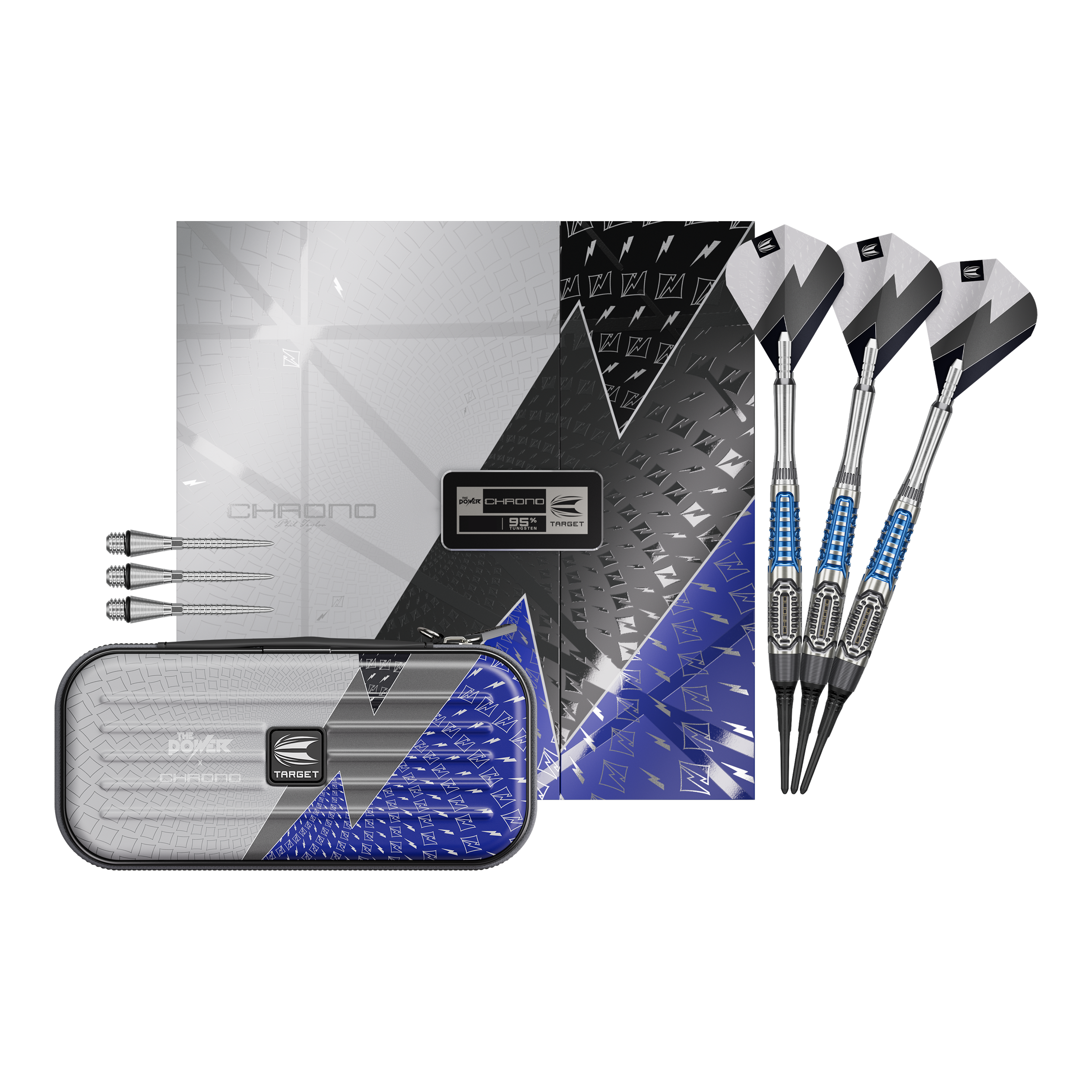 Fléchettes souples Target Phil Taylor Power X Chrono Hier sieht man die Target Phil Taylor Power X Chrono Softdarts. Die Softdarts sind vollständig dargestellt und zeigen das gesamte Set.
