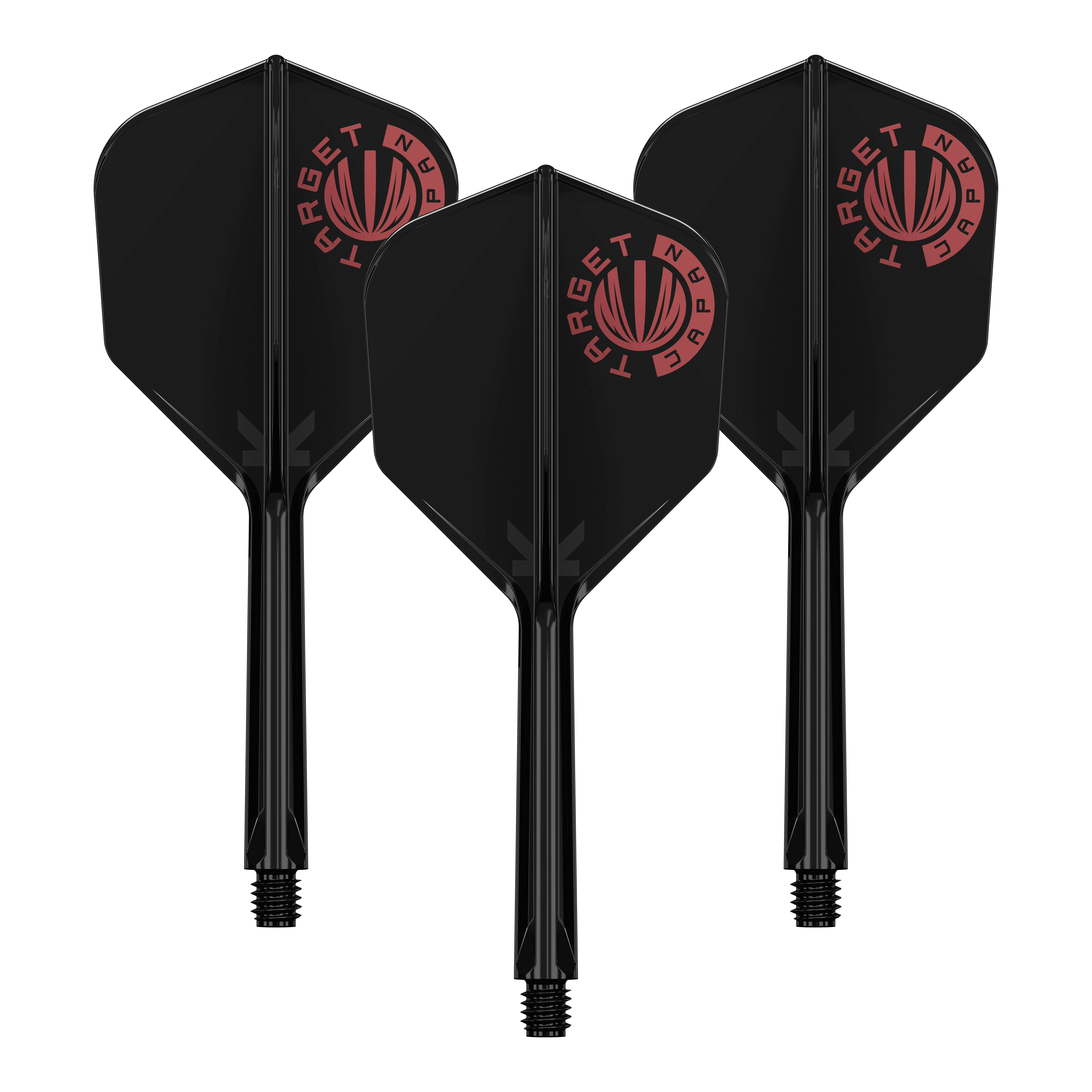 Target Japan K-Flex Original Logo Rouge Noir No6 Système d'arbre de vol Auf dem Bild sind drei schwarze Dartflights mit integriertem Schaft zu sehen. Oben links auf jedem Flight befindet sich ein rotes Logo mit der Aufschrift "TARGET JAPAN".