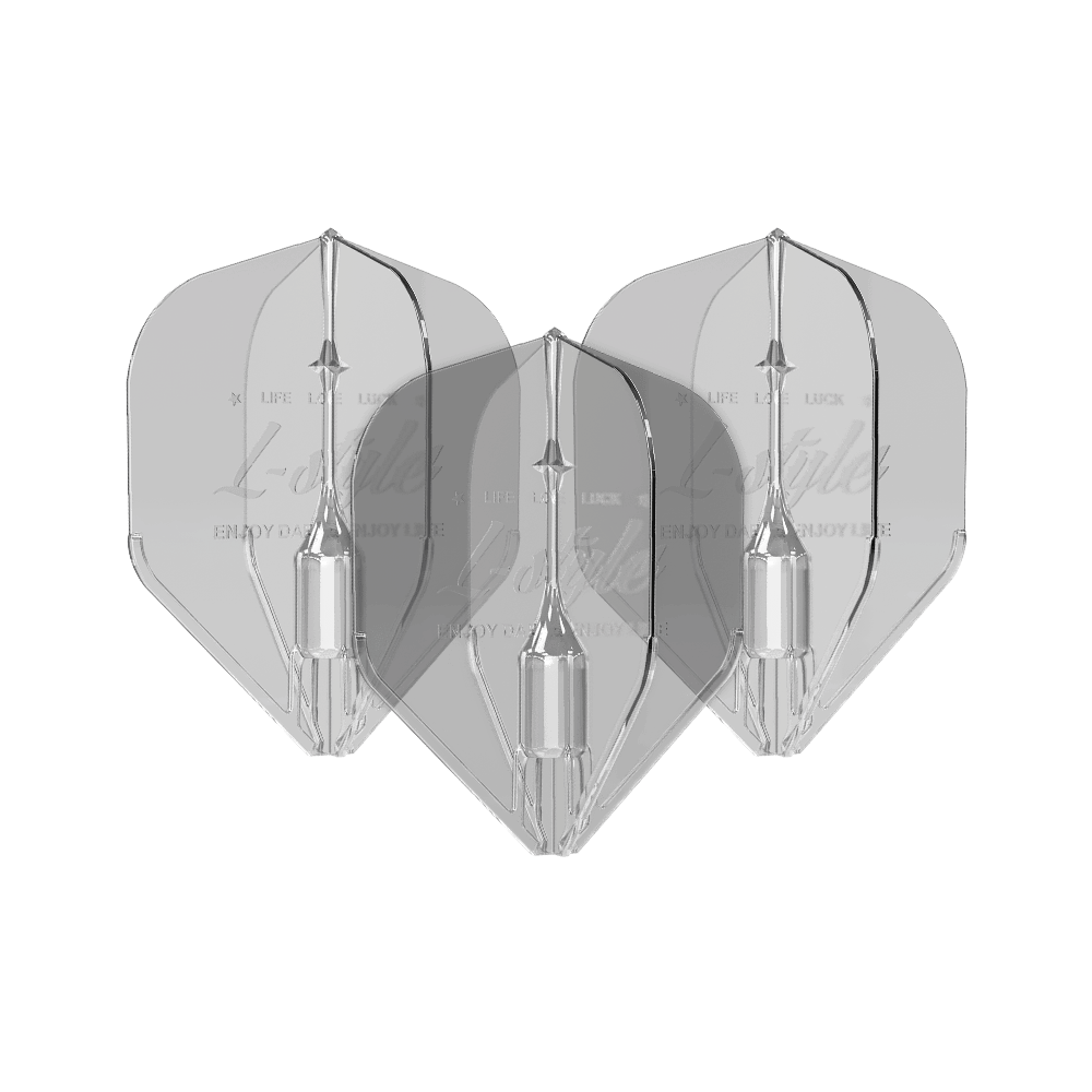 Vols Fantom L1EZ de style L clairs Das Bild zeigt drei transparente Dartflights des Modells "L-Style Fantom L1EZ Flights Clear". Die Flights sind klar und haben eine klassische Pfeilform.