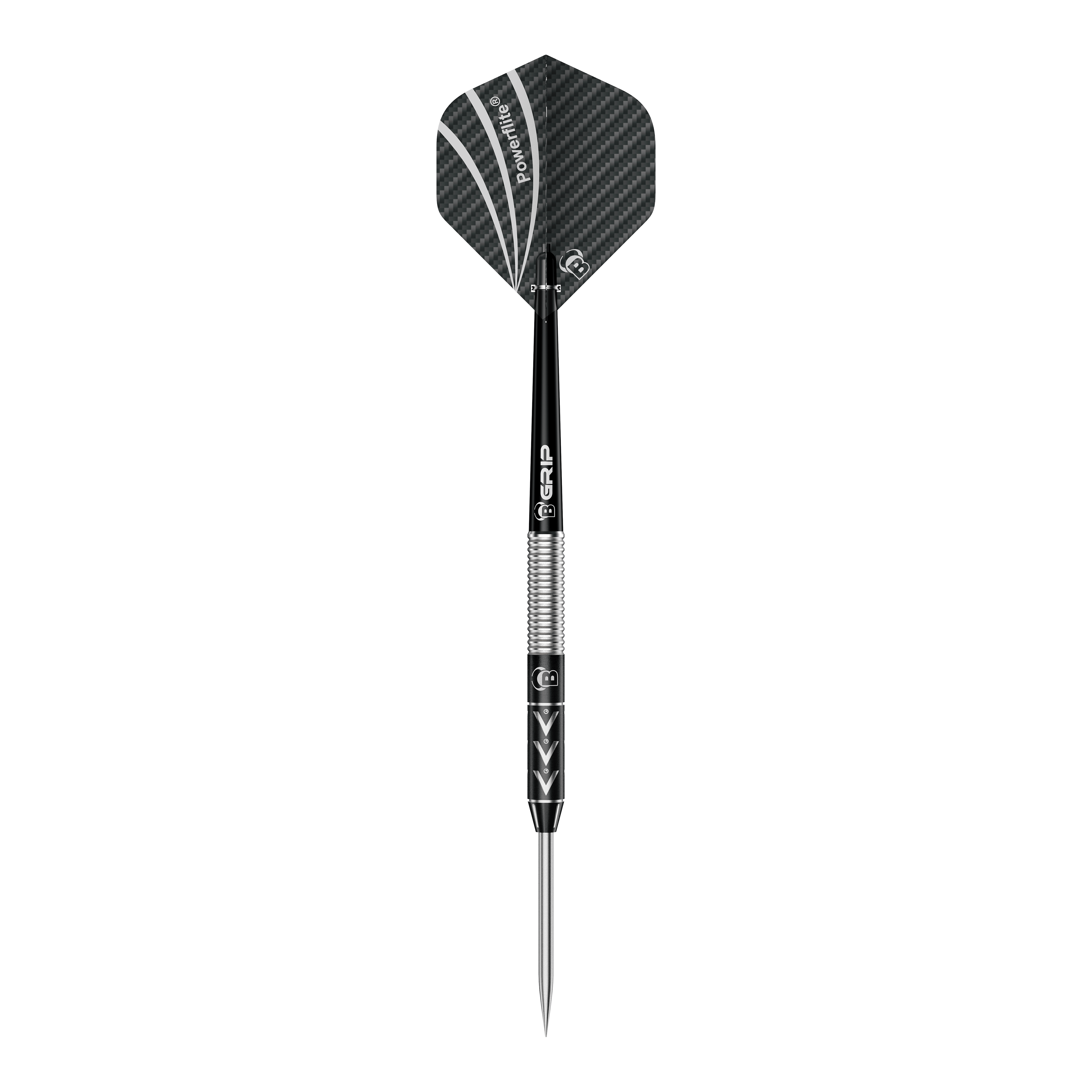Fléchettes en acier Bulls Challenger Arno Merk - 22g Das Bild zeigt einen Steeldart namens "Bulls Challenger Arno Merk Steeldarts - 22g". Der Dartpfeil ist schwarz-silber und hat ein modernes Design mit strukturiertem Schaft und schwarzer Flight.