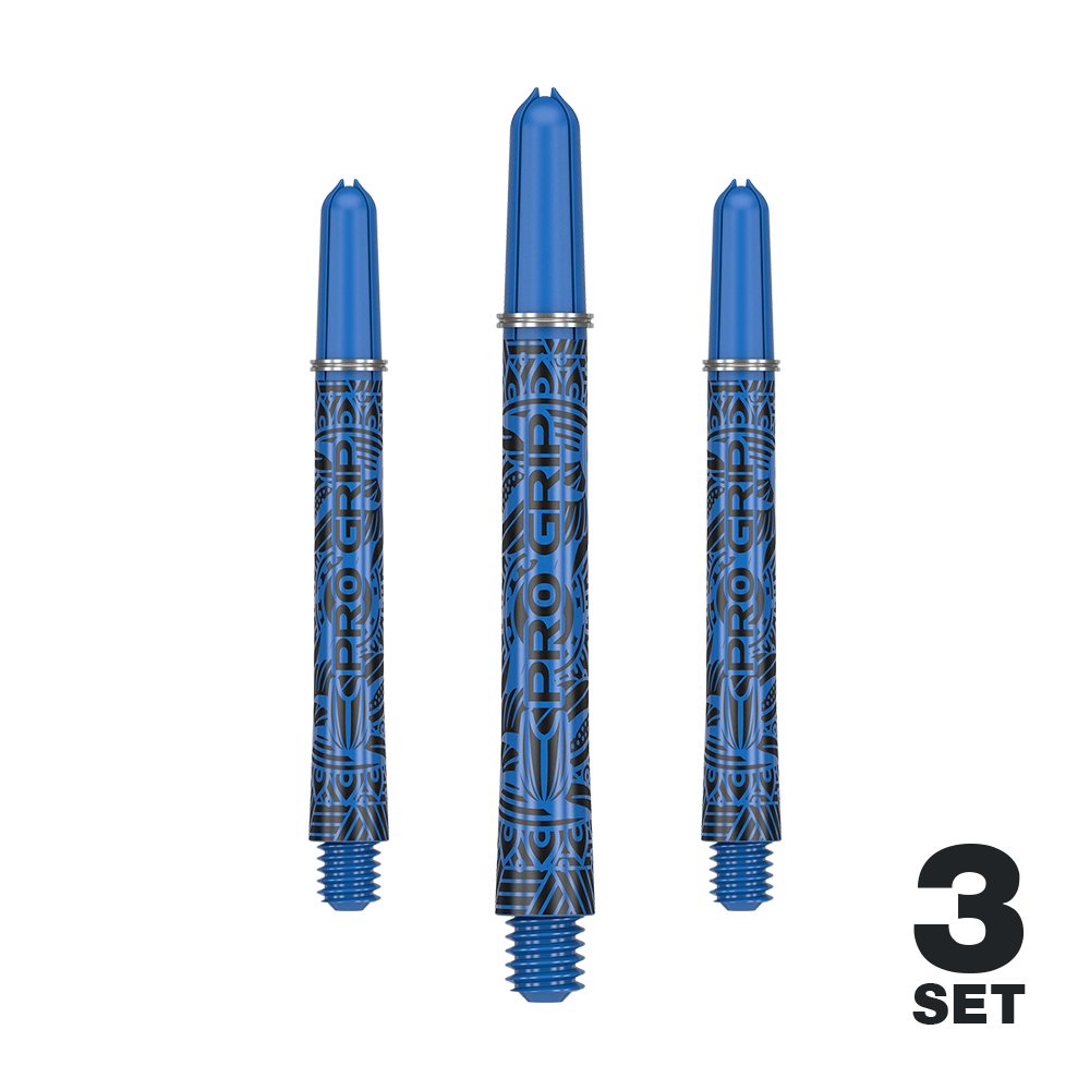 Tiges Target Pro Grip Ink - 3 jeux - Bleues Das Bild zeigt drei blaue Dartschäfte mit schwarzem Muster und der Aufschrift "PRO GRIP". In der rechten unteren Ecke steht "3 SET".