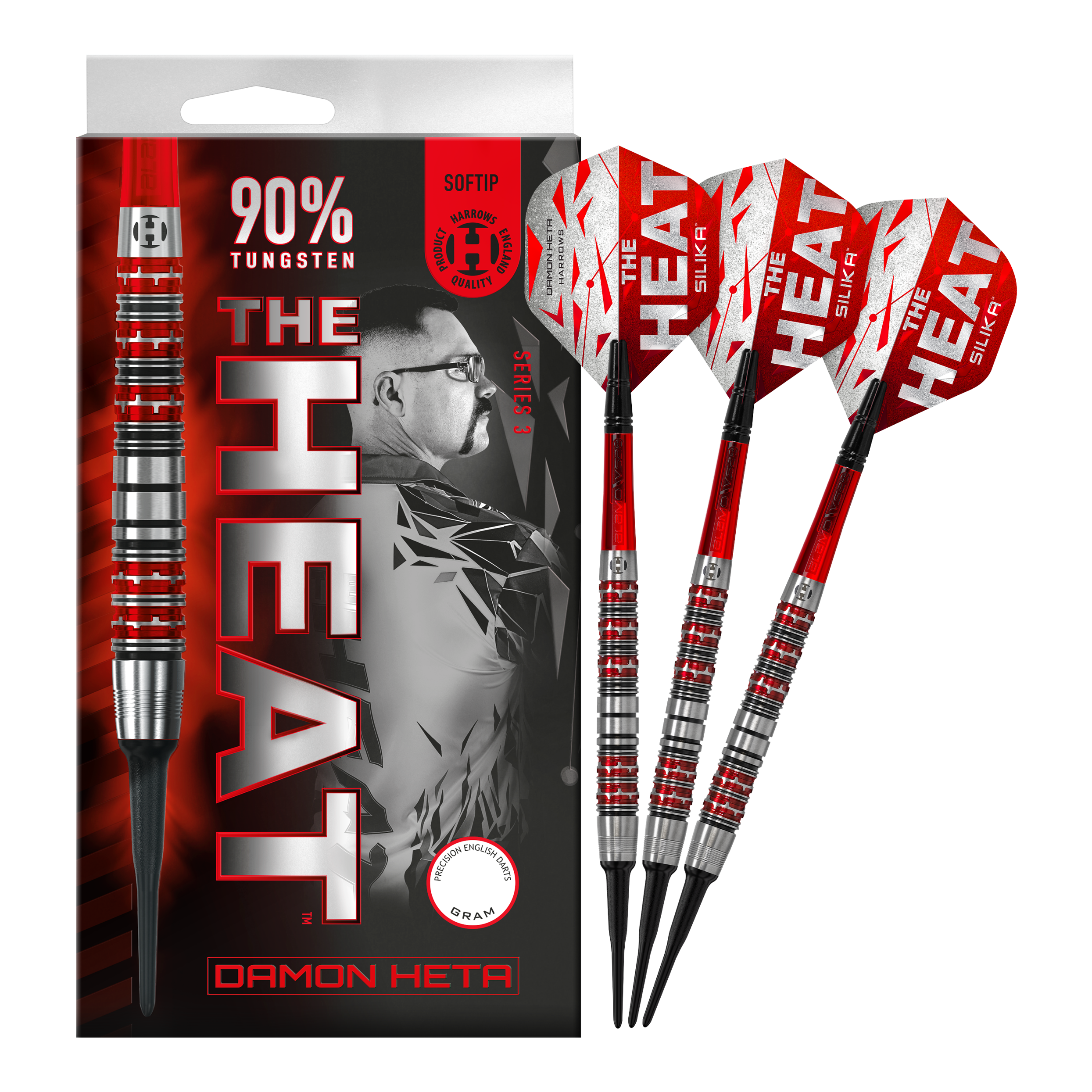 Fléchettes souples Damon Heta Series 3 de Harrow Das Bild zeigt eine Packung Harrows Damon Heta Series 3 Softdarts mit drei Darts daneben. Die Darts sind silber und rot, und auf der Verpackung steht "THE HEAT" sowie "90% Tungsten".
