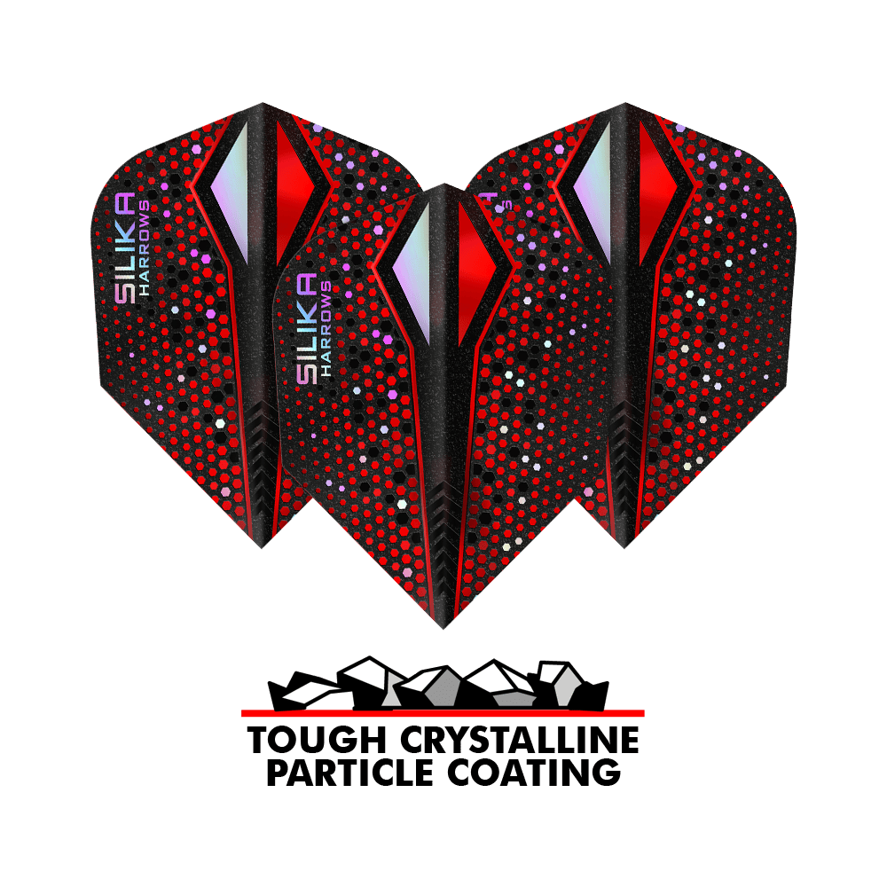 Revêtement cristallin résistant Harrows Silika Colourshift Red-X No6 Das Bild zeigt drei Dart-Flights der Marke Harrows Silika Colourshift in Rot und Schwarz mit bunten Punkten. Unter den Flights steht der Text „Tough Crystalline Particle Coating“ mit einer Grafik von kleinen Kristallen.