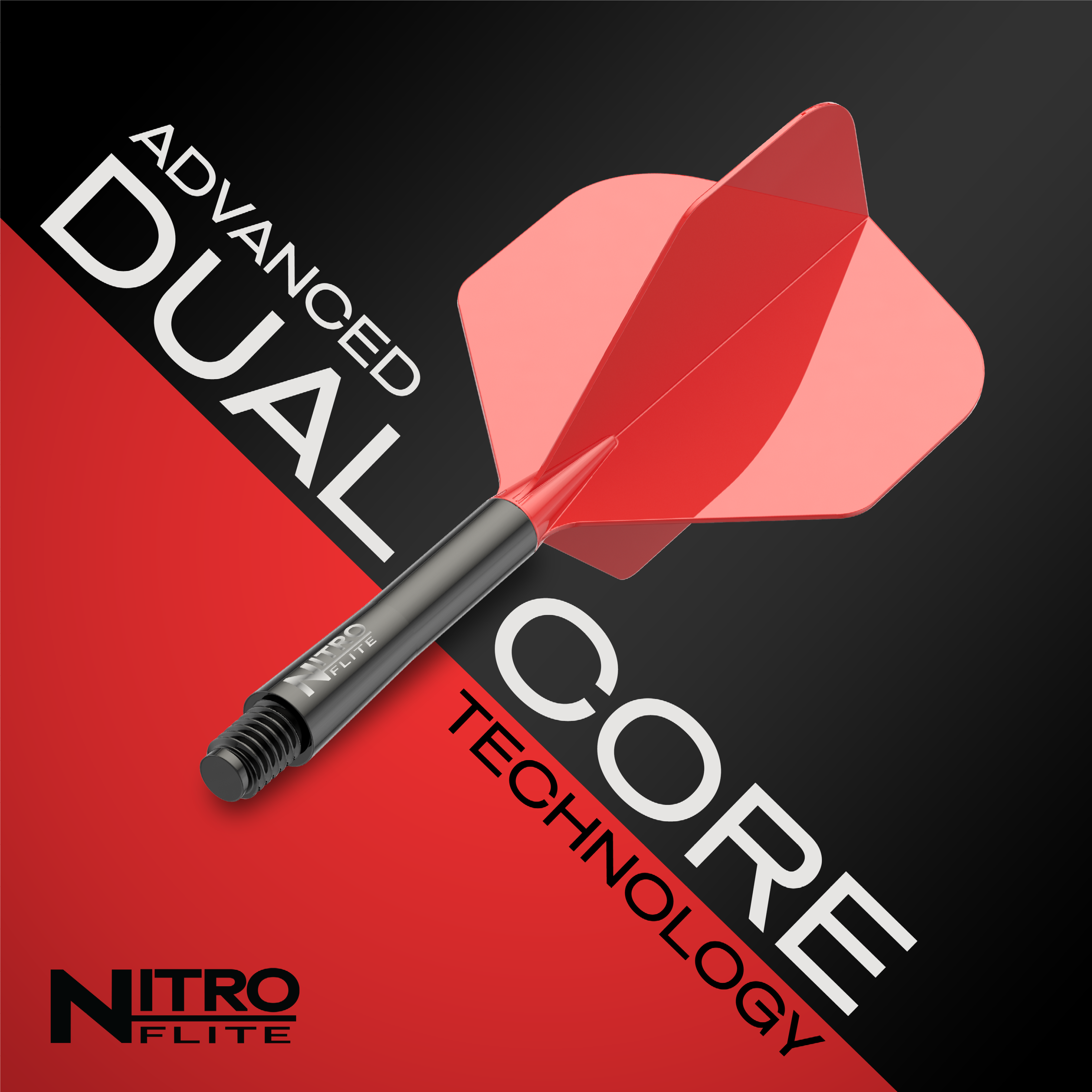 Ailettes Red Dragon Nitroflite - Tige noire, ailettes rouges n°2 Das Bild zeigt die Red Dragon Nitroflite - Black Shaft Red No2 Flights. Die Dart-Flights sind schwarz und rot gestaltet.