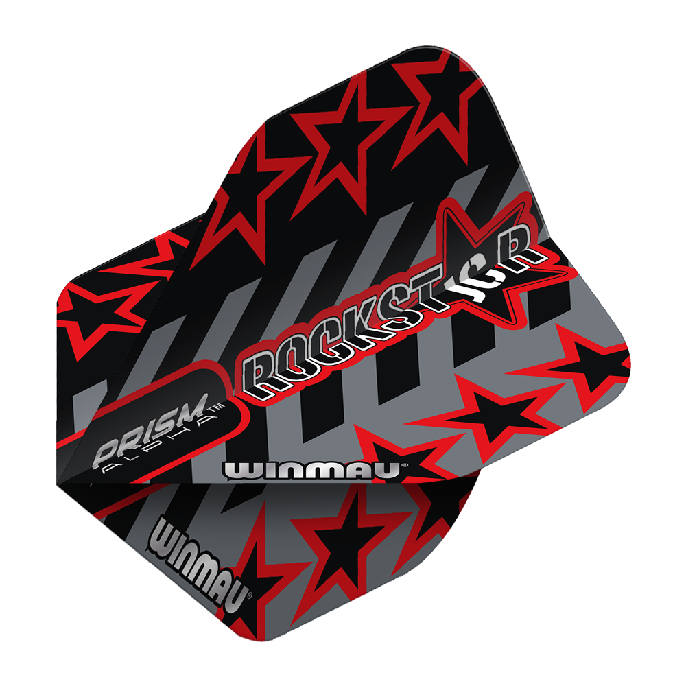 6915-713_Winmau_Prism_Alpha_Joe_Cullen_GreyBlack_Standard_Flights_2xy5UMFPFE9Hck Das Bild zeigt ein Dartflight mit dem Namen "Winmau Prism Alpha Joe Cullen GreyBlack Standard Flights". Das Design ist grau und schwarz mit roten Sternen und der Aufschrift "ROCKSTAR".