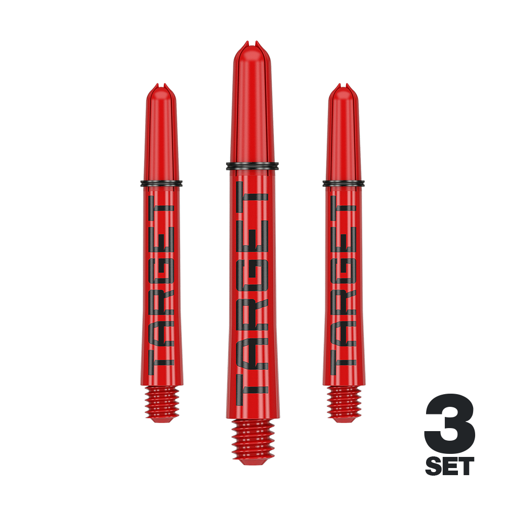 Tiges Target Pro Grip TAG - 3 jeux - Rouge Das Bild zeigt drei rote Dartschäfte mit der Aufschrift "TARGET". Unten rechts steht "3 SET", was auf ein Set mit drei Stück hinweist.