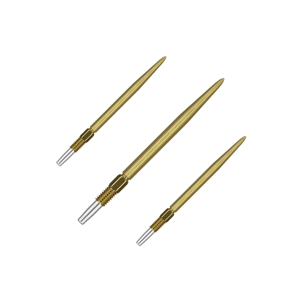 Pointes de fléchettes Target Swiss Point Nano - Or Auf dem Bild sind drei goldfarbene Dartspitzen zu sehen. Sie haben eine feine Riffelung und ein silbernes Schraubgewinde am Ende.