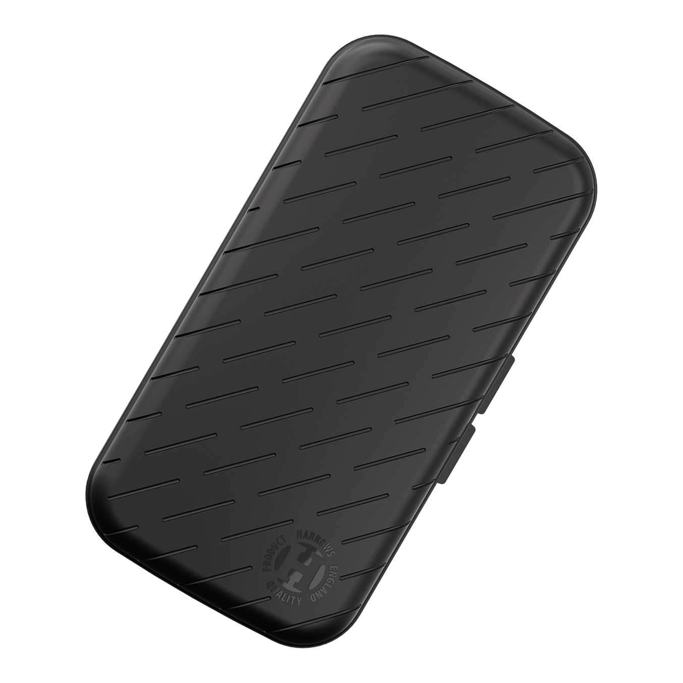 Étui à fléchettes Harrows Slimcase Dies ist ein schlankes, schwarzes Etui mit schrägen Linien auf der Oberfläche. In der Ecke befindet sich ein rundes Harrows-Logo.