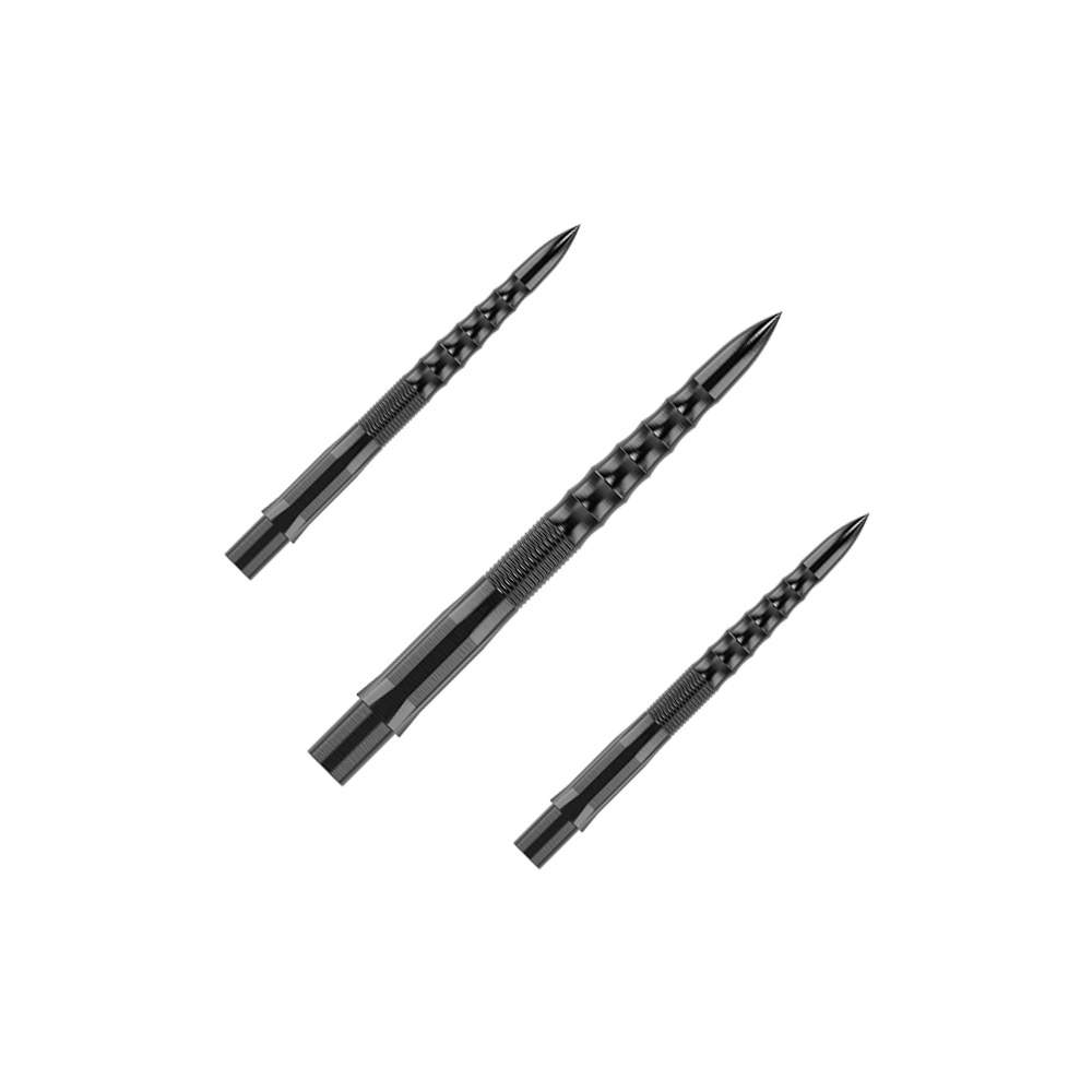 Embouts de fléchettes Mission Caliburn EVO - Ripple - Noir Auf dem Bild sind drei schwarze Steeldartspitzen mit einem geriffelten Muster zu sehen. Sie sind als Set angeordnet und haben eine Länge von 26 mm.