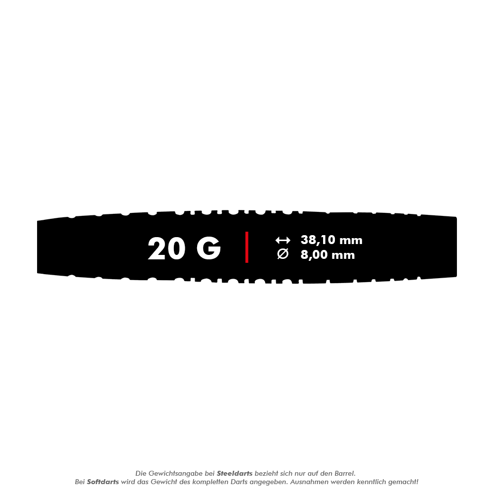 Fléchettes souples Red Dragon Rifle - 20 g Das Bild zeigt die Red Dragon Rifle Softdarts mit einem Gewicht von 20 Gramm. Die Maße sind 38,10 mm Länge und 8,00 mm Durchmesser.