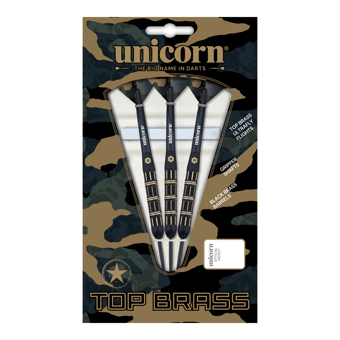 Fléchettes en acier Unicorn Top Brass V3 - 21 g Auf dem Bild ist das Produkt „Unicorn Top Brass V3 Steeldarts - 21g“ zu sehen. Die Verpackung enthält drei schwarze Darts mit goldenen Akzenten und weiß-schwarzen Flights.