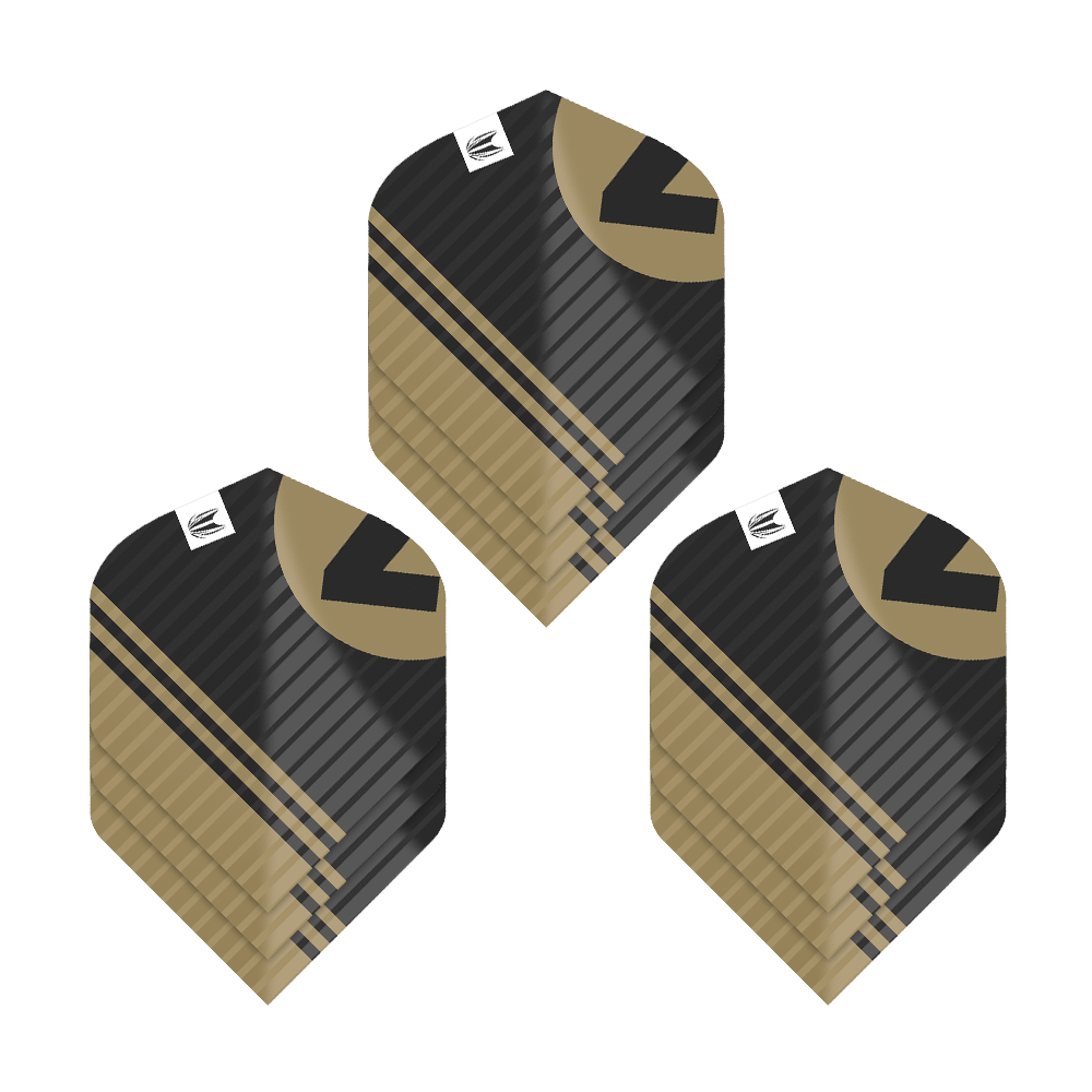 Das Bild zeigt drei Sets von Target Pro Ultra Chicane Black No2 Standard Flights. Die Flights sind schwarz mit goldenen Akzenten und haben ein modernes, gestreiftes Design.