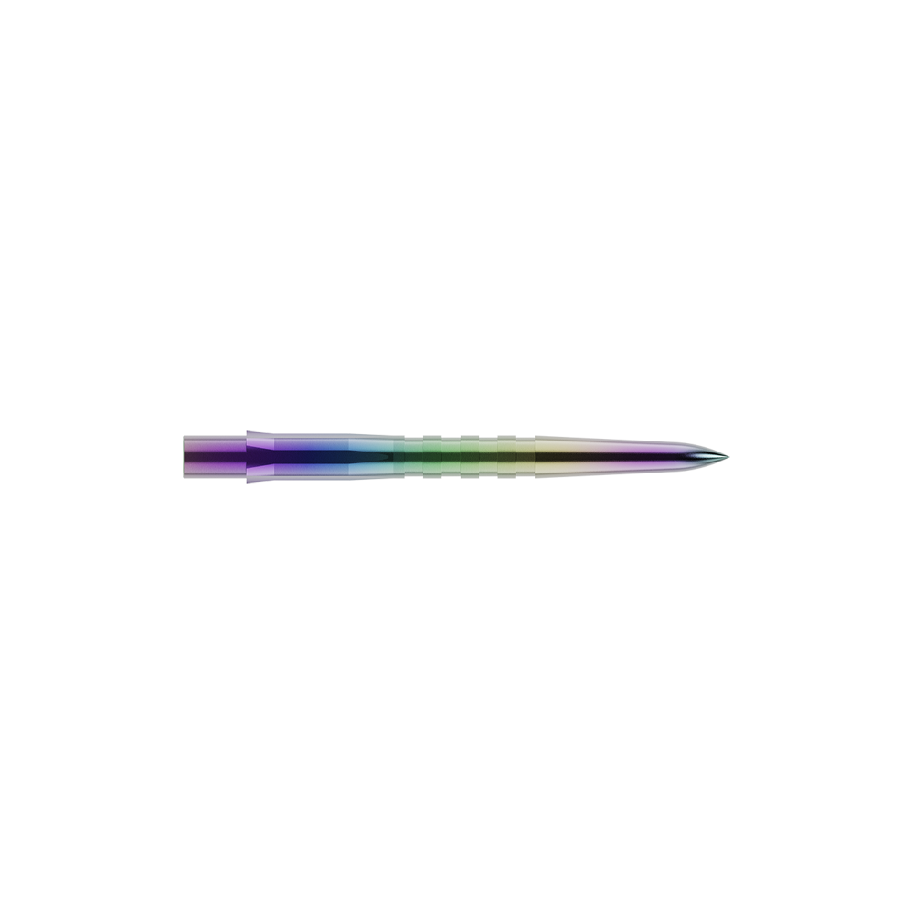 Embouts de fléchettes Mission Caliburn EVO - Rainurés - Corail Dies ist eine bunte, gerillte Steeldartspitze. Sie hat eine glänzende Oberfläche mit Farbverlauf und ist vorne spitz zulaufend.