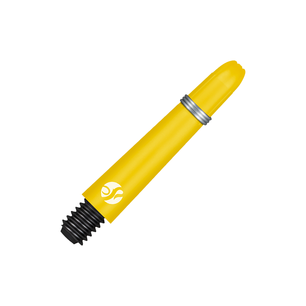 Tiges en carbone Shot Koi - Jaune Das Bild zeigt einen gelben Carbon-Schaft mit schwarzem Gewinde und silbernem Ring. Auf dem Schaft ist ein weißes Logo abgebildet.