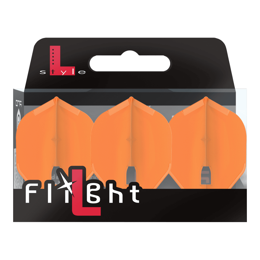 Ailettes L-Style Champagne - Norme L1PRO Auf dem Bild ist eine Packung mit drei orangefarbenen Dart-Flights zu sehen. Die Verpackung trägt die Aufschrift „L-Style Flight“.