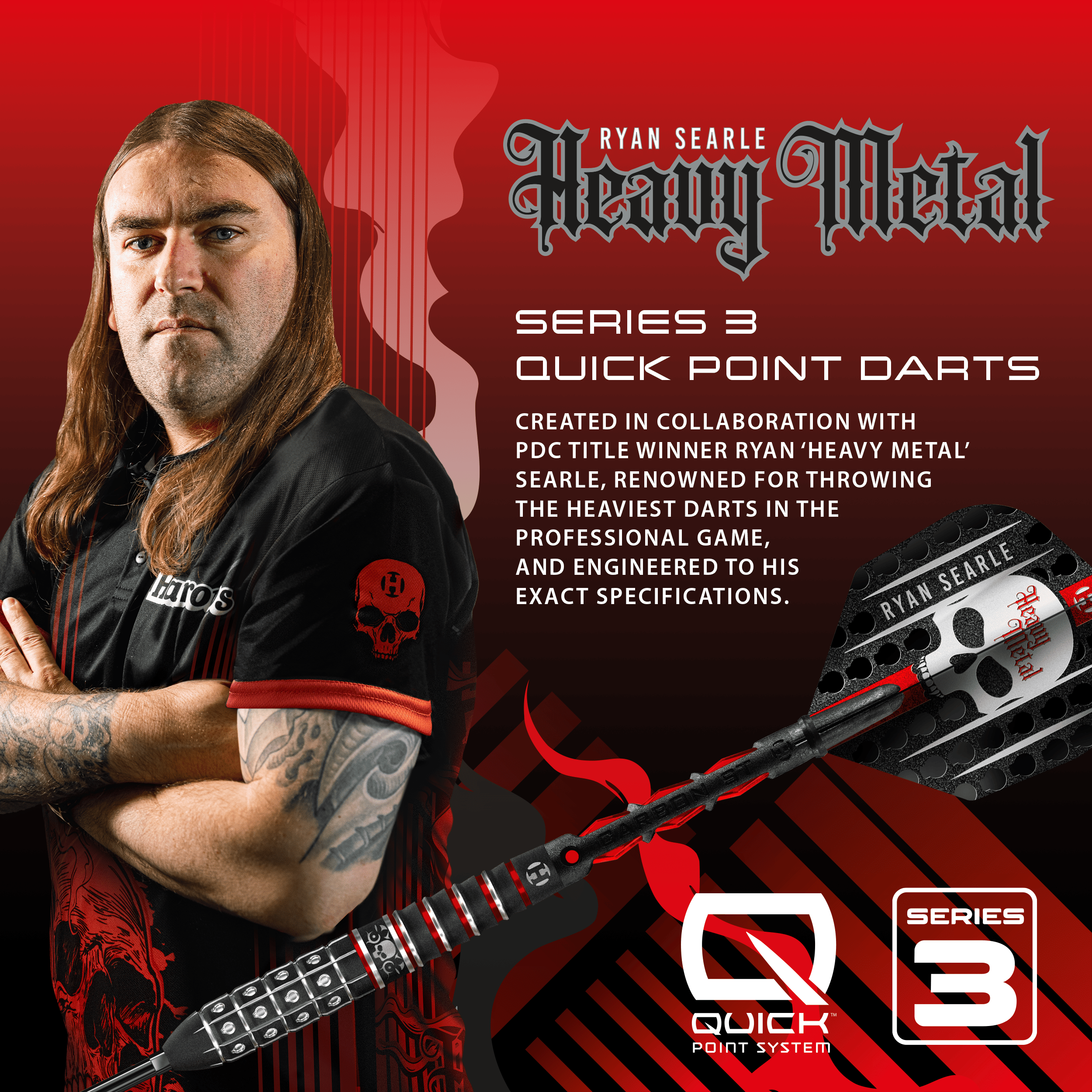 Fléchettes en acier à pointe rapide Ryan Searle série 3 de Harrow Dieses Bild zeigt die Harrows Ryan Searle Series 3 Quick Point Steeldarts. Die Steeldarts sind für professionelle Dartspieler geeignet.