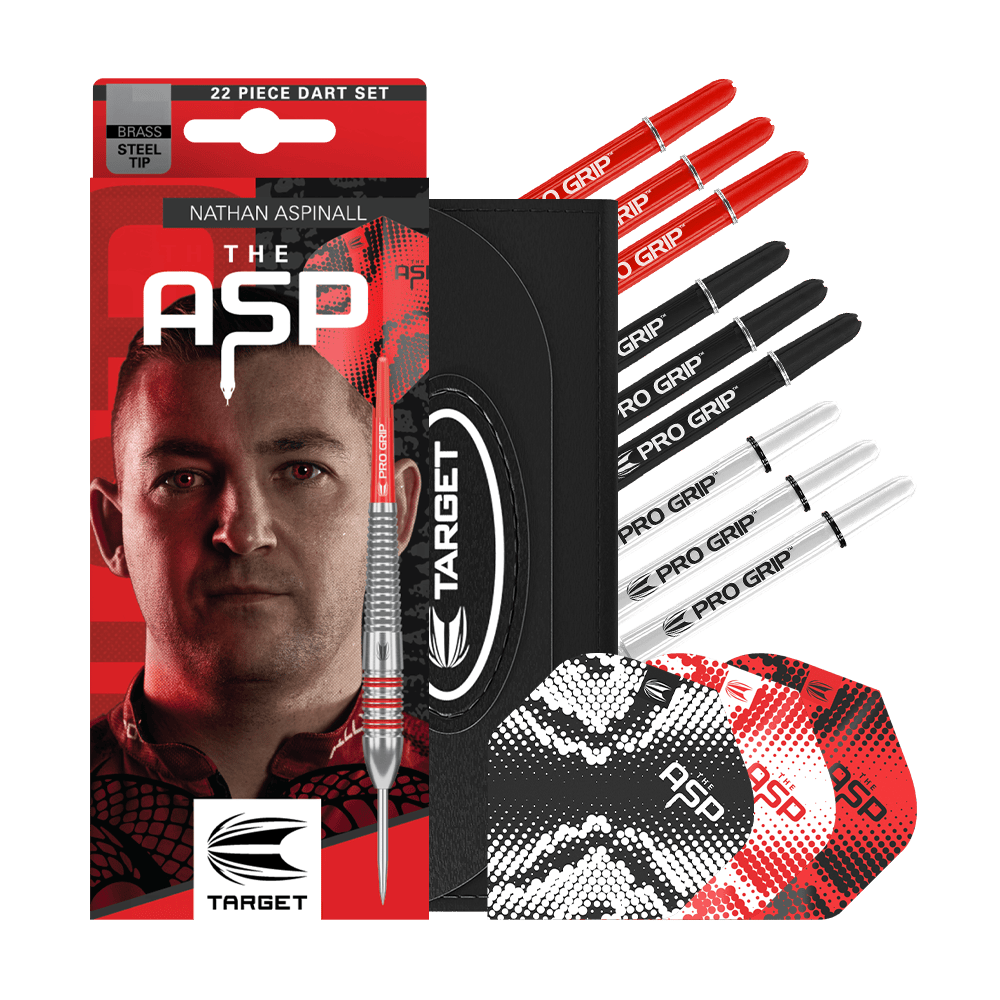 Fléchettes Target Nathan Aspinall en laiton et acier - 22 g Zu sehen sind die Target Nathan Aspinall Brass Steeldarts mit 22 Gramm Gewicht. Diese Darts sind ideal für präzises Steeldart-Spiel.