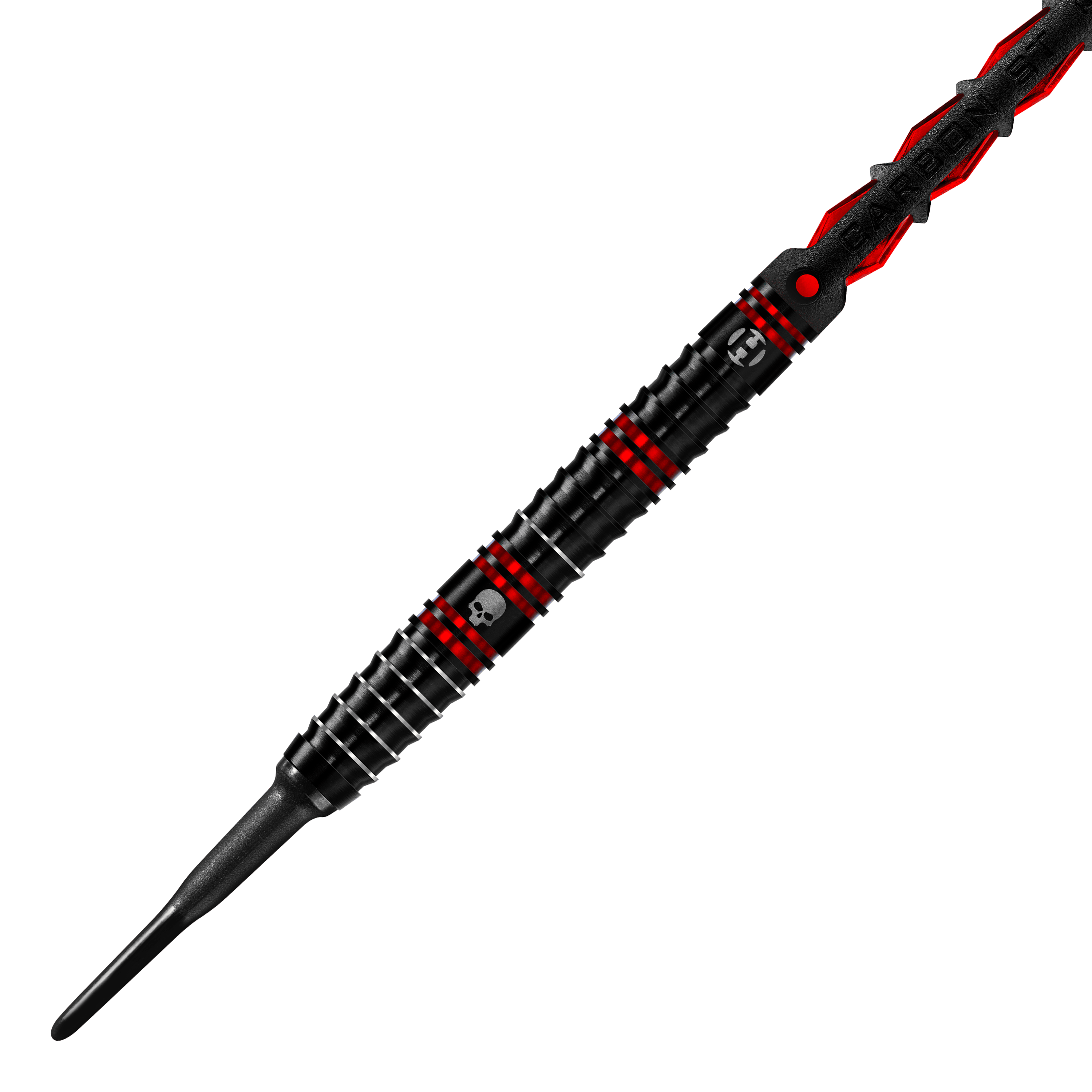 Fléchettes souples en métal lourd Ryan Searle de Harrow Der Harrows Ryan Searle Heavy Metal Softdart ist in Schwarz mit roten Akzenten gestaltet. Auf dem Dart befindet sich ein kleines Totenkopf-Symbol.