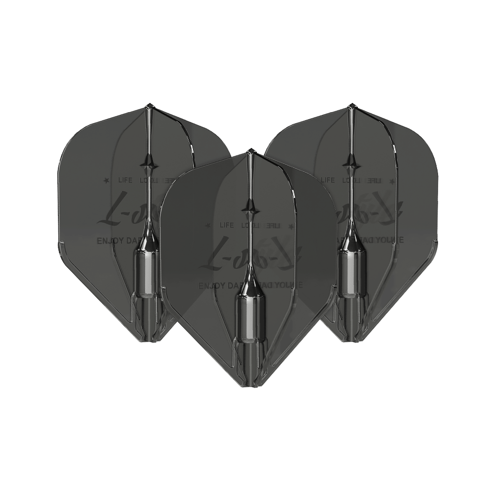 Vols L-Style Fantom L1EZ Noir Das Bild zeigt drei schwarze L-Style Fantom L1EZ Flights für Darts. Die Flights sind nebeneinander angeordnet und verfügen über ein glänzendes, modernes Design.