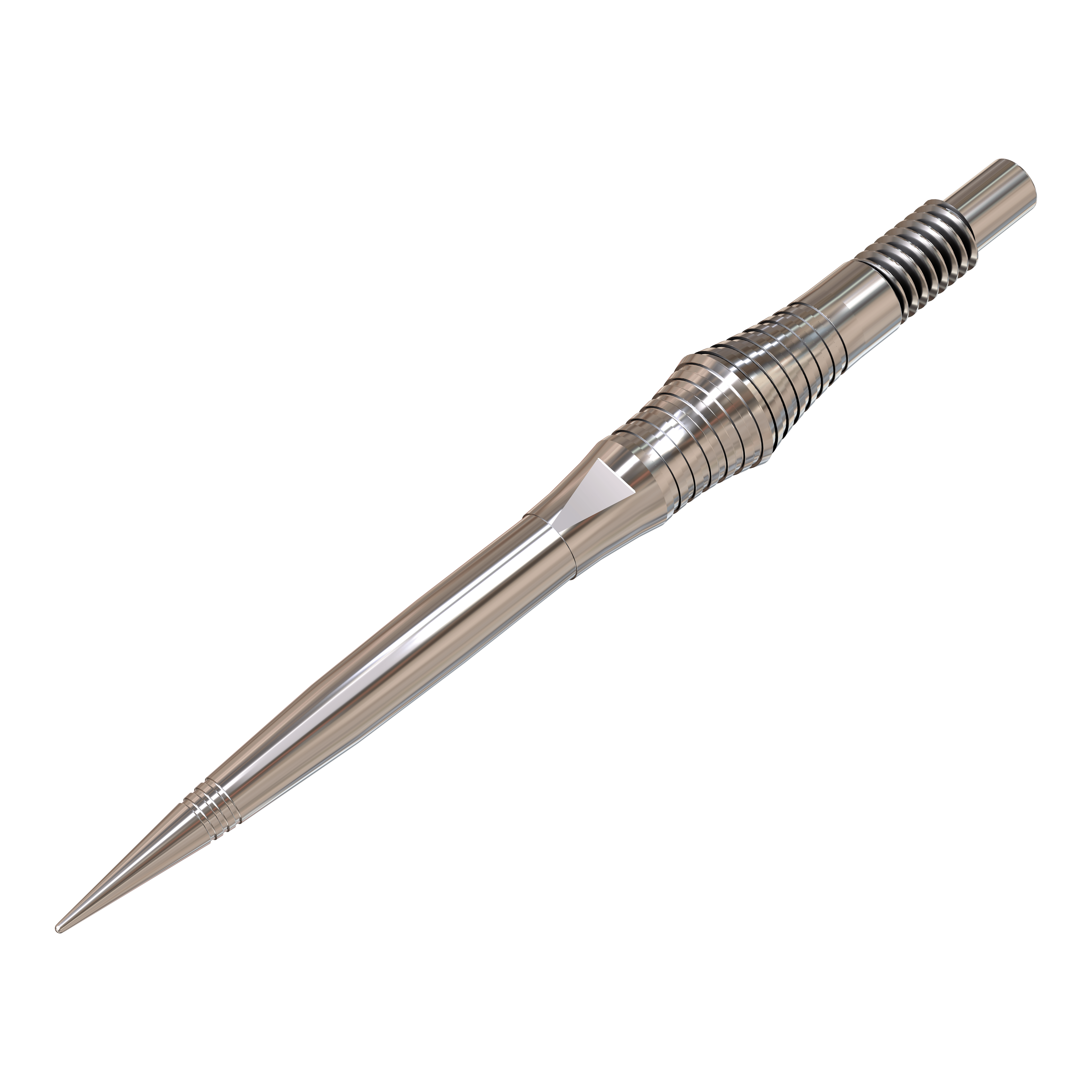 Pointes de fléchettes Harrows Quick Point Spire Elite Series - Argent Auf dem Bild sind einzelne silberne Dartspitzen zu sehen. Sie sind groß abgebildet und deutlich dargestellt.