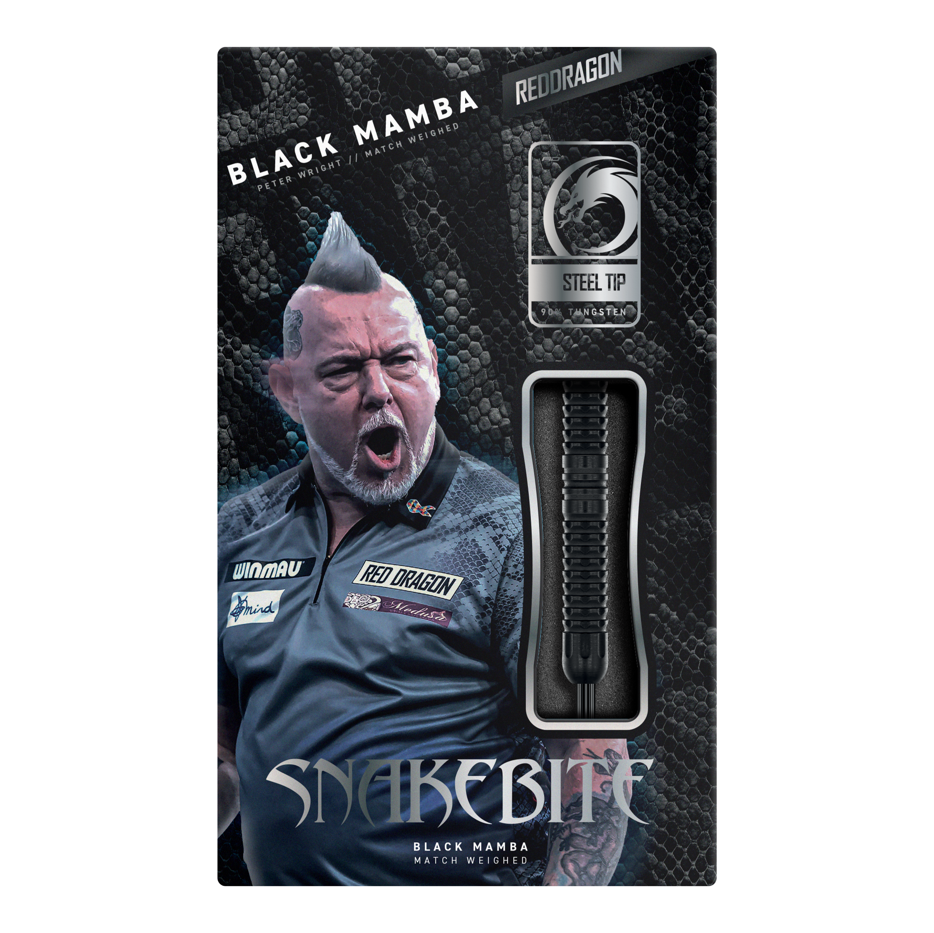 Dragon Rouge Peter Wright Morsure de Serpent Mamba Noir Steeldarts Red Dragon Peter Wright Snakebite Black Mamba Steeldarts, Nahaufnahme von mehreren Darts. Hochwertige Verarbeitung und modernes Design.
