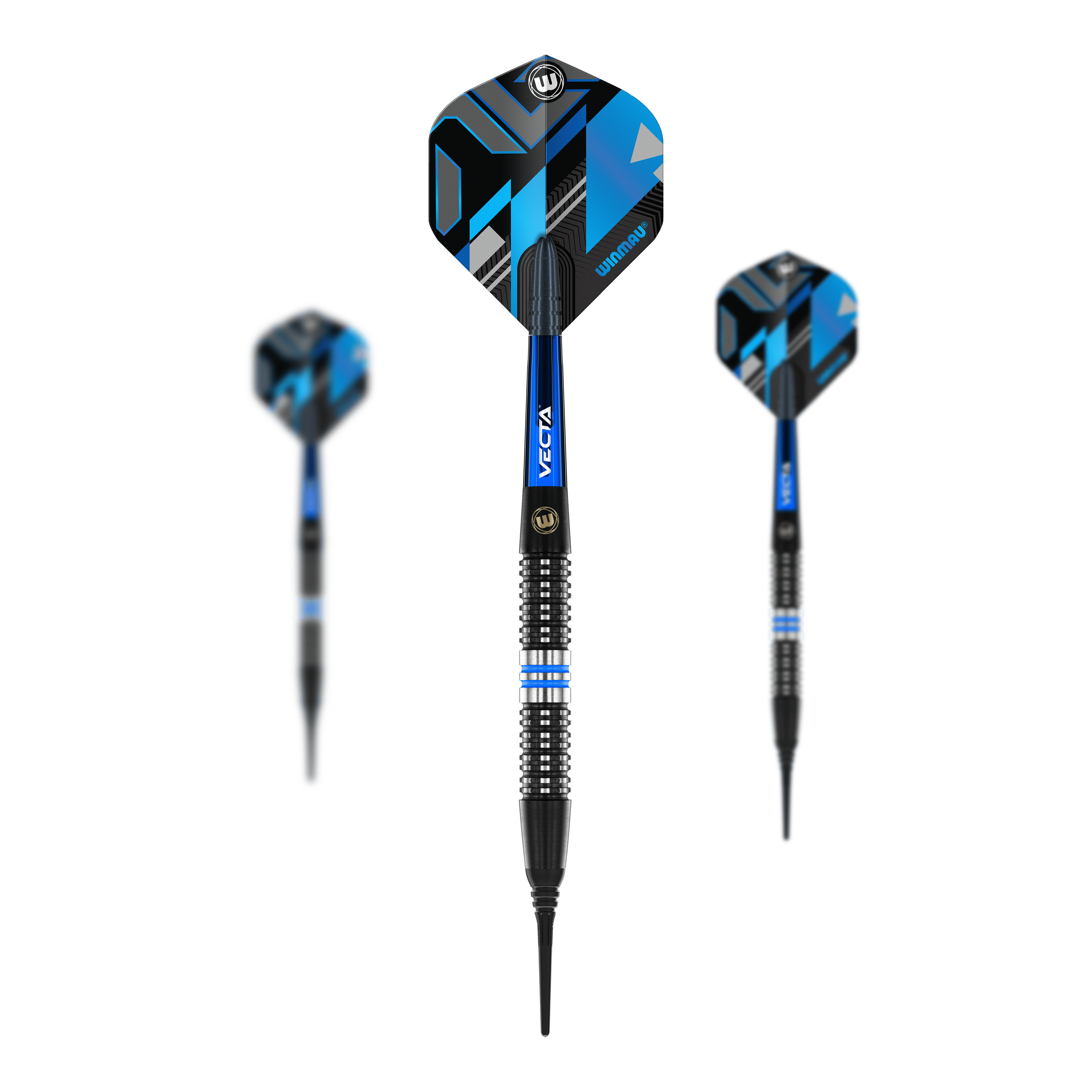 Fléchettes souples Winmau Galactics - 20 g Das Bild zeigt drei Winmau Galactics Softdarts mit einem Gewicht von 20g. Die Darts haben ein modernes Design in Blau und Schwarz mit markanten Linien auf den Flights.