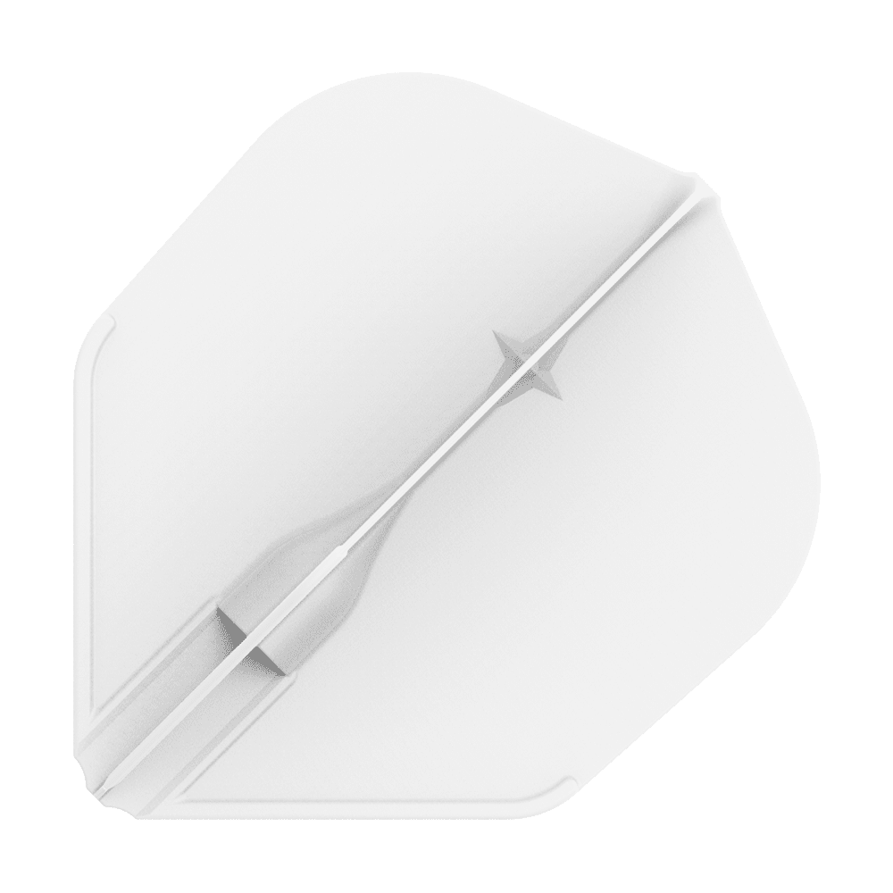 Vols L-L-Style3EZ Das Bild zeigt ein weißes Dartflight in einer einfachen, geometrischen Form. In der Mitte verläuft ein feiner, strukturierter Streifen mit einem kleinen Sternmotiv.