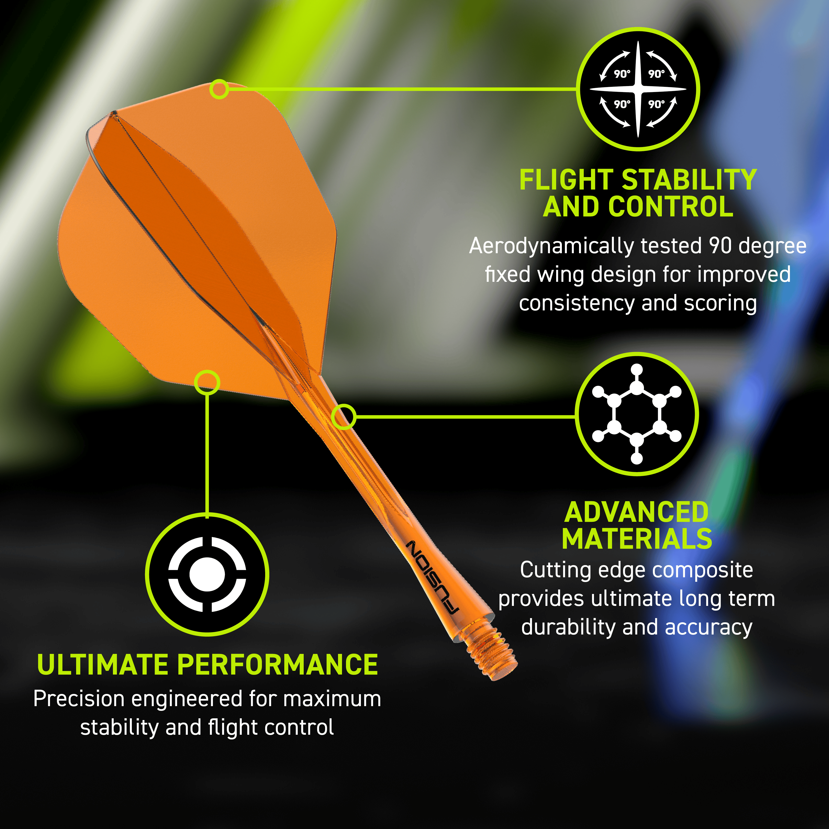 Système d'arbre de vol Winmau Fusion n° 6 Orange fluo Abgebildet ist das Winmau Fusion Flight-Shaft-System No6 Neon Orange. Dieses Dartzubehör verbindet Flight und Shaft in einem Teil.